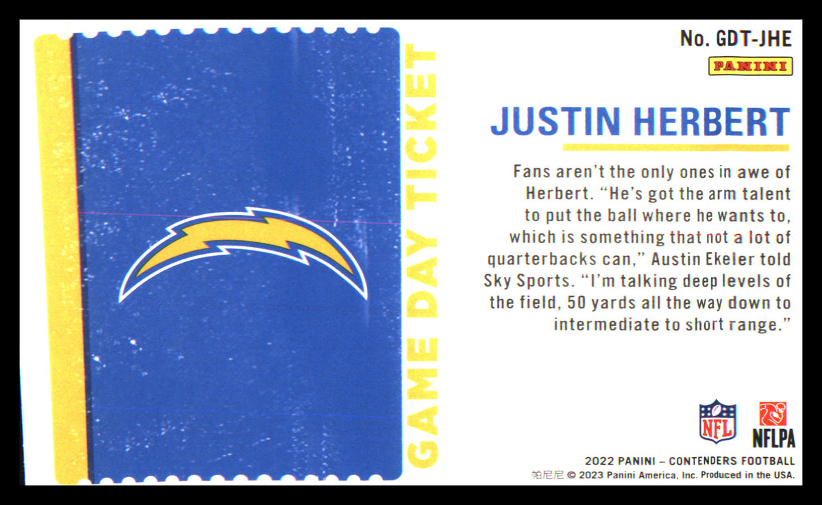 Football 2022 Panini Contenders Game Day Ticket Emerald #GDT-JHE Justin Herbert