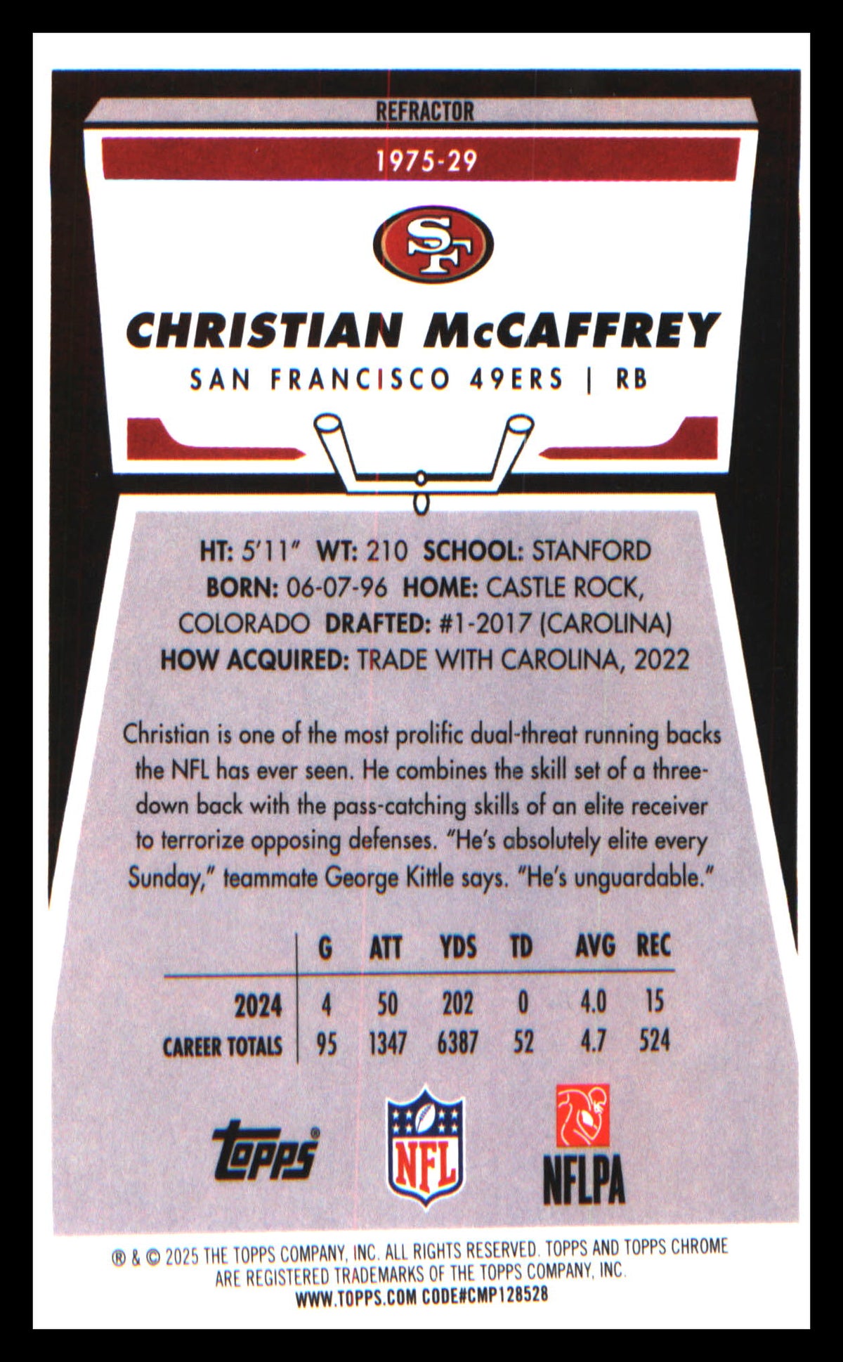 Football 2025 Topps Chrome 1975 Topps Refractor #1975-29 Christian McCaffrey