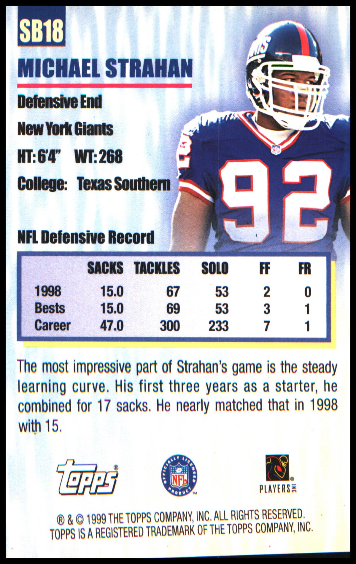 Football 1999 Topps Season's Best #SB18 Michael Strahan