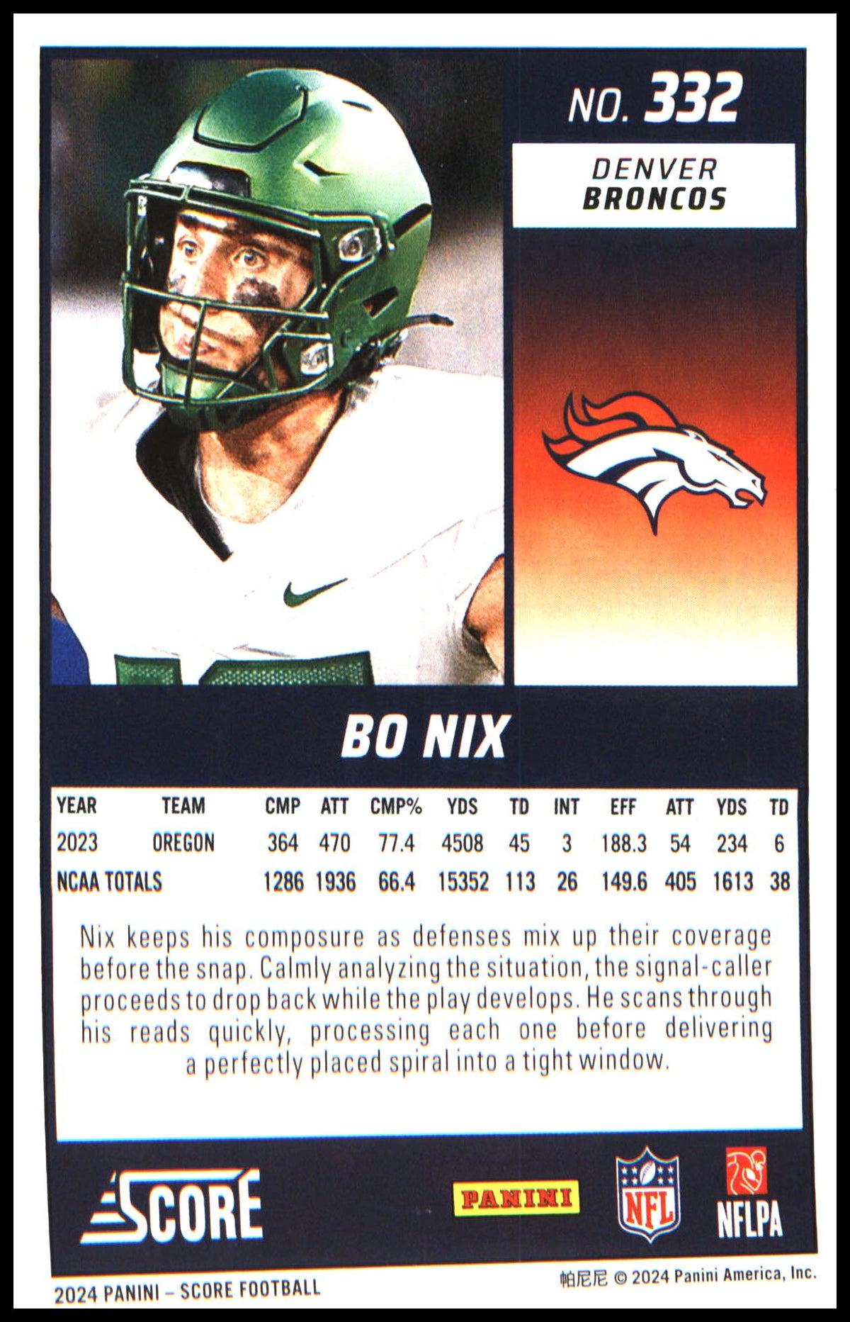 Football 2024 Score #332 Bo Nix RC RC