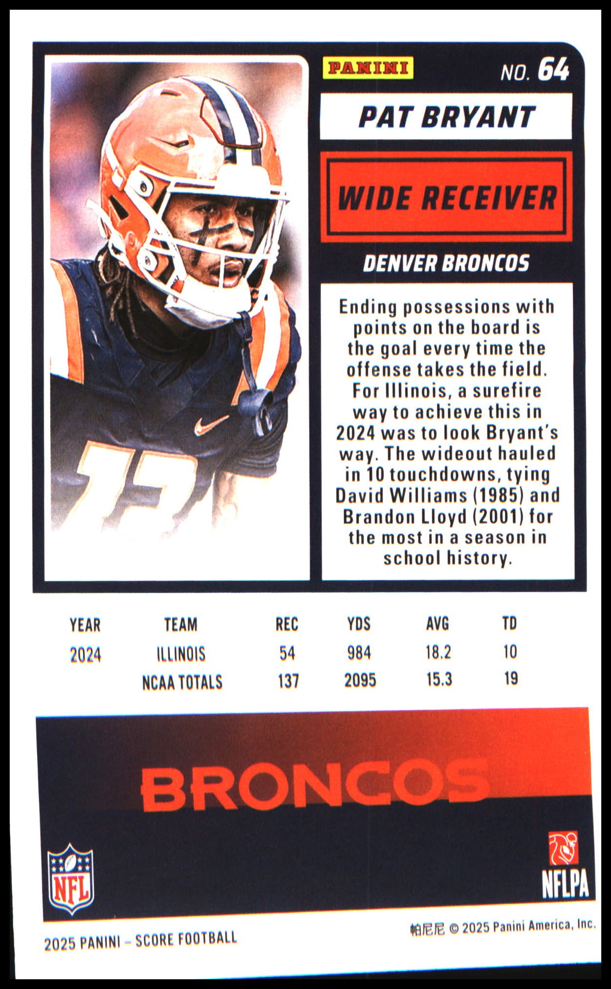 Football 2025 Score #64 Pat Bryant RC RC