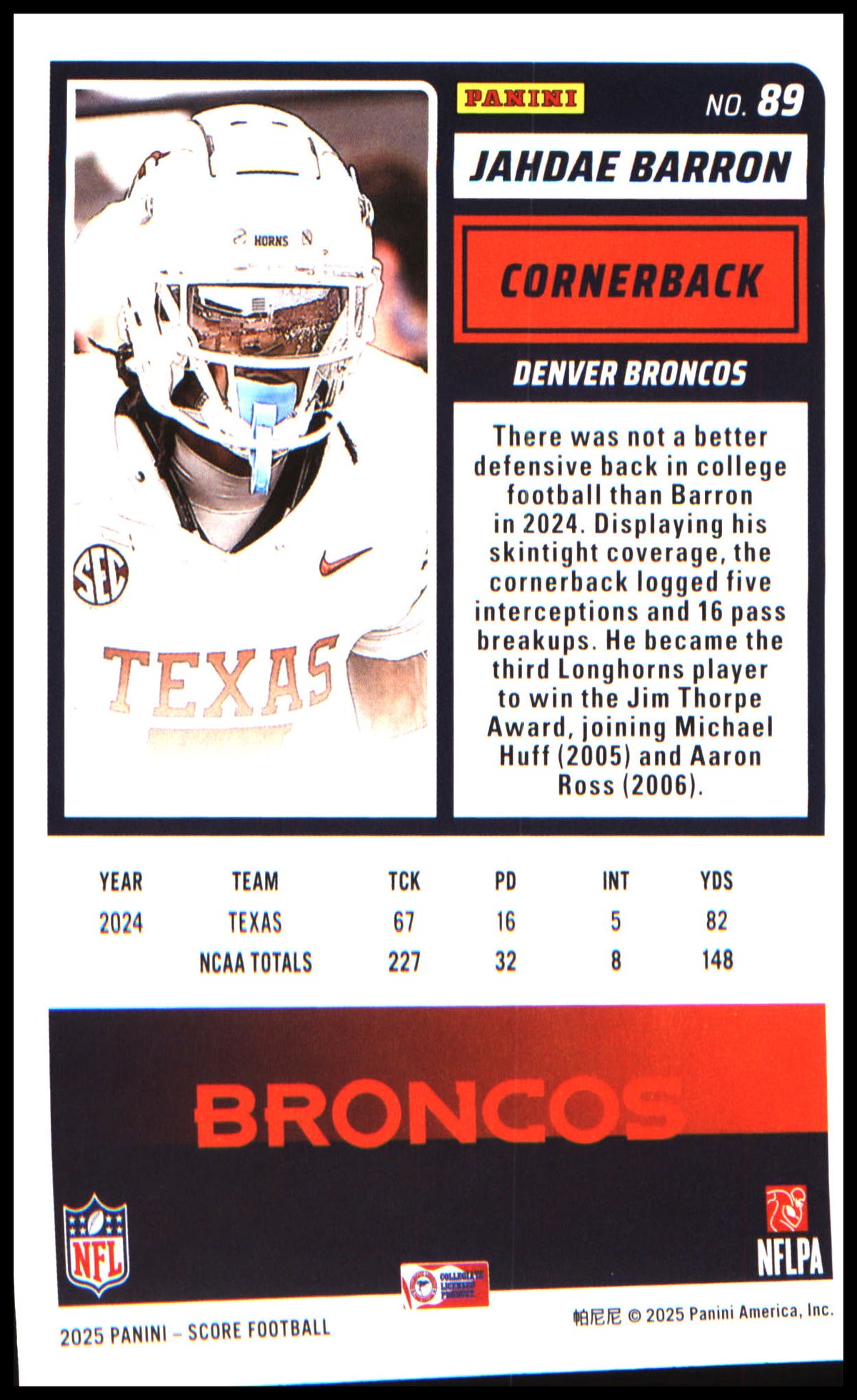 Football 2025 Score #89 Jahdae Barron RC RC