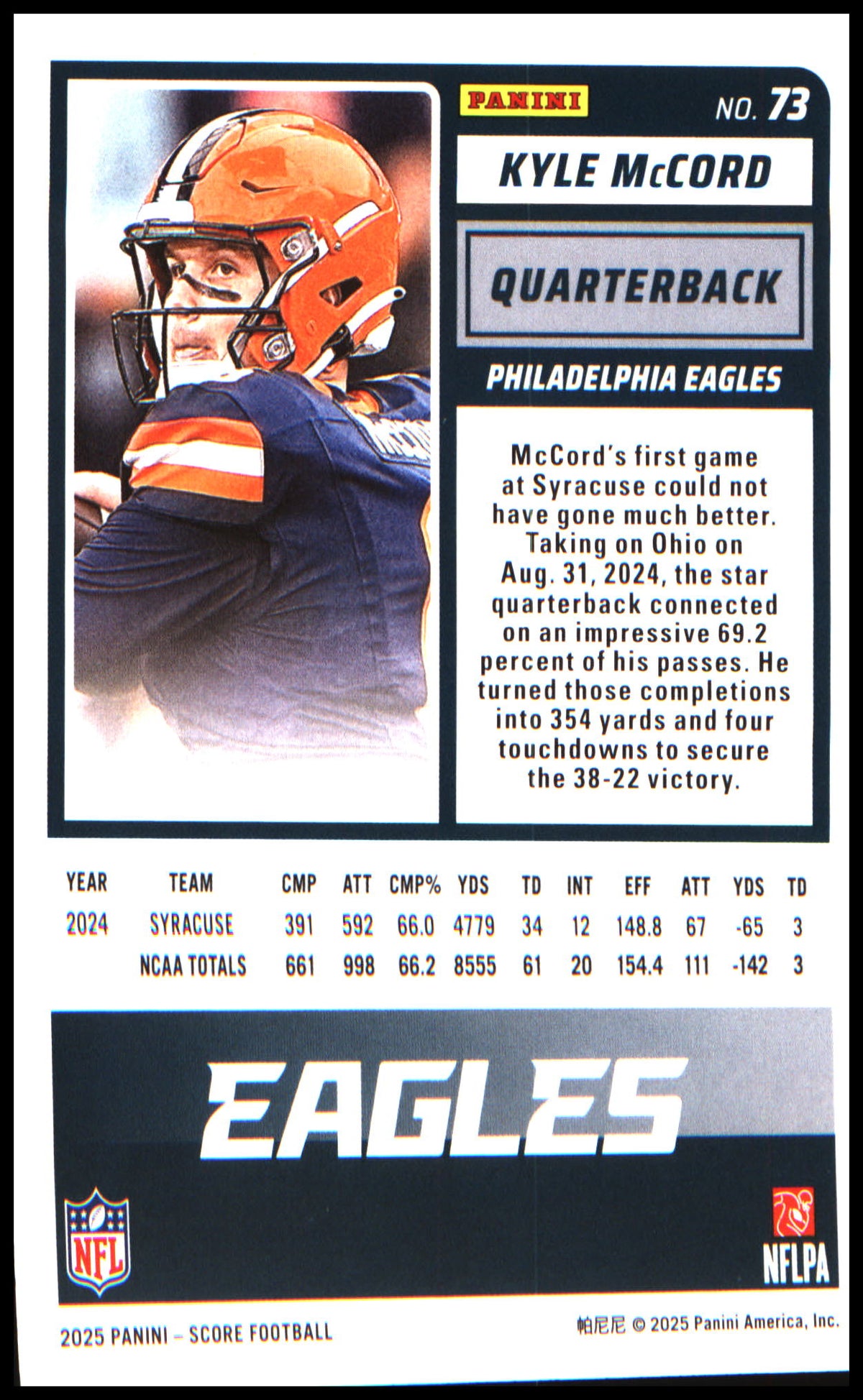 Football 2025 Score #73 Kyle McCord RC RC