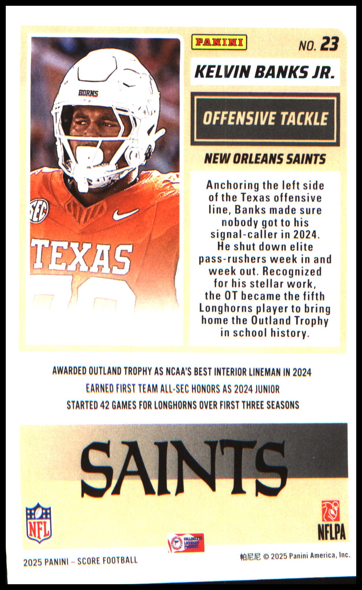 Football 2025 Score #23 Kelvin Banks Jr. RC RC
