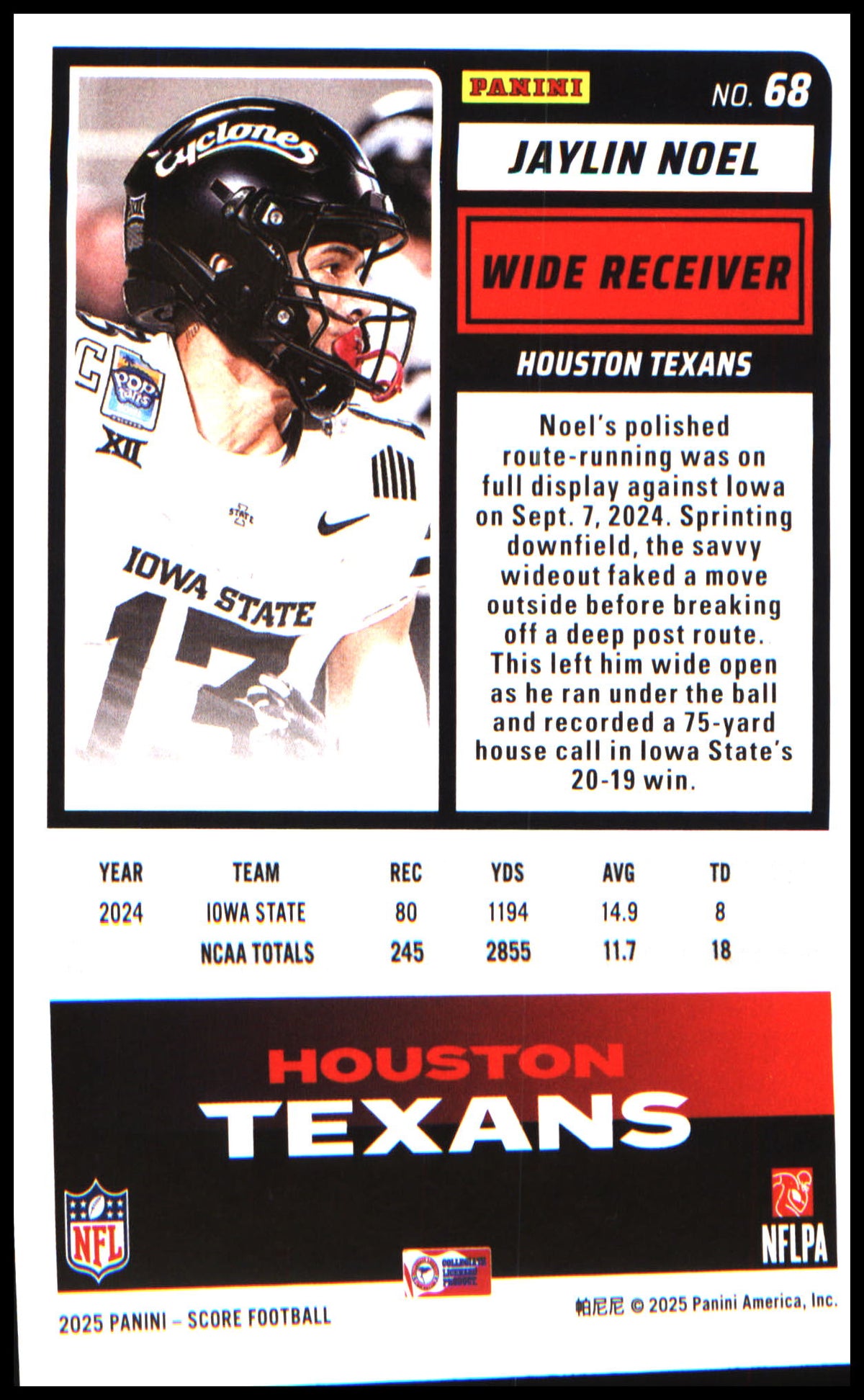 Football 2025 Score #68 Jaylin Noel RC RC