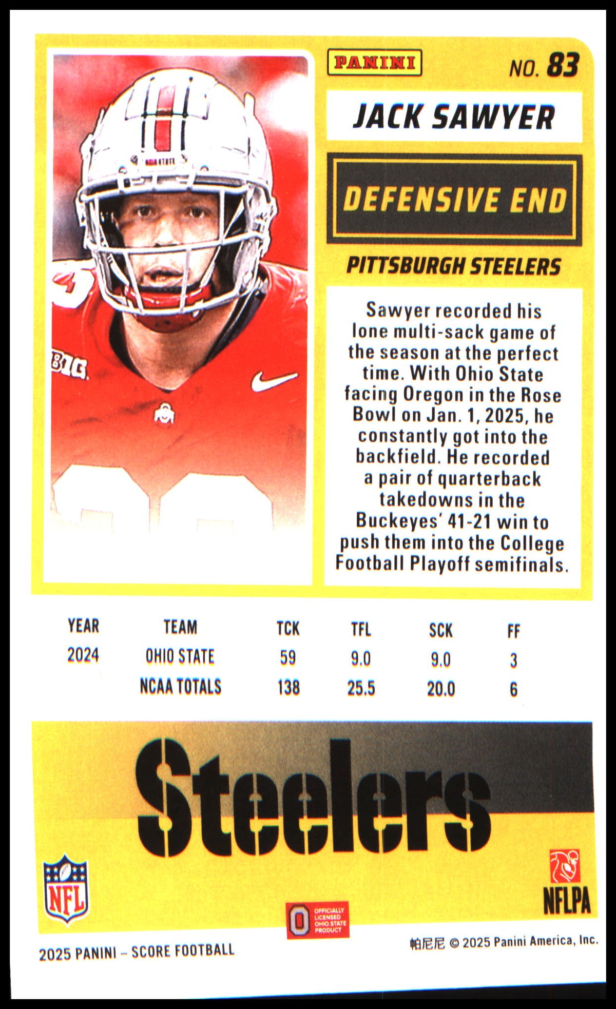 Football 2025 Score #83 Jack Sawyer RC RC