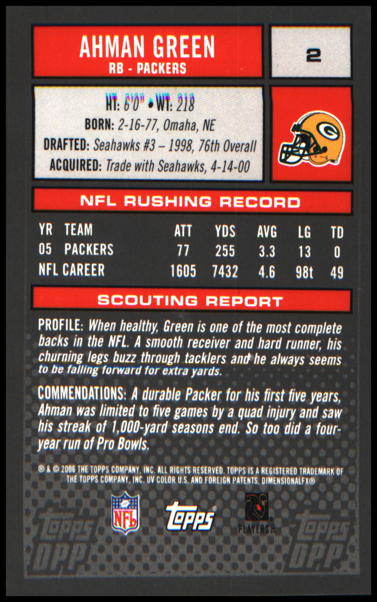 Football 2006 Topps Draft Picks & Prospects Chrome Black #2 Ahman Green