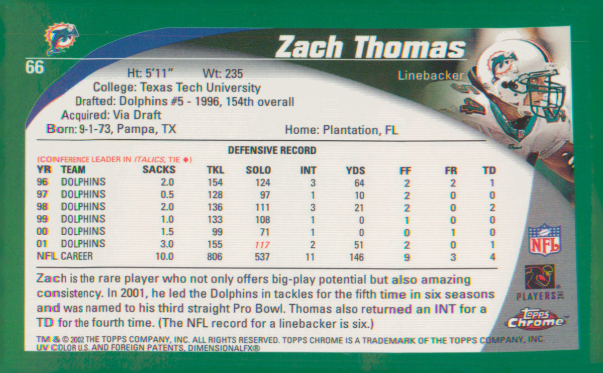 Football 2002 Topps Chrome #66 Zach Thomas