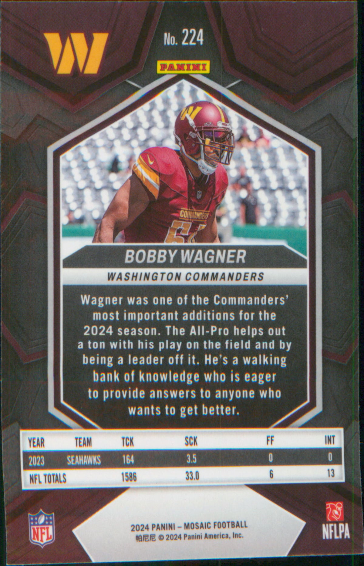 Football 2024 Panini Mosaic #224 Bobby Wagner