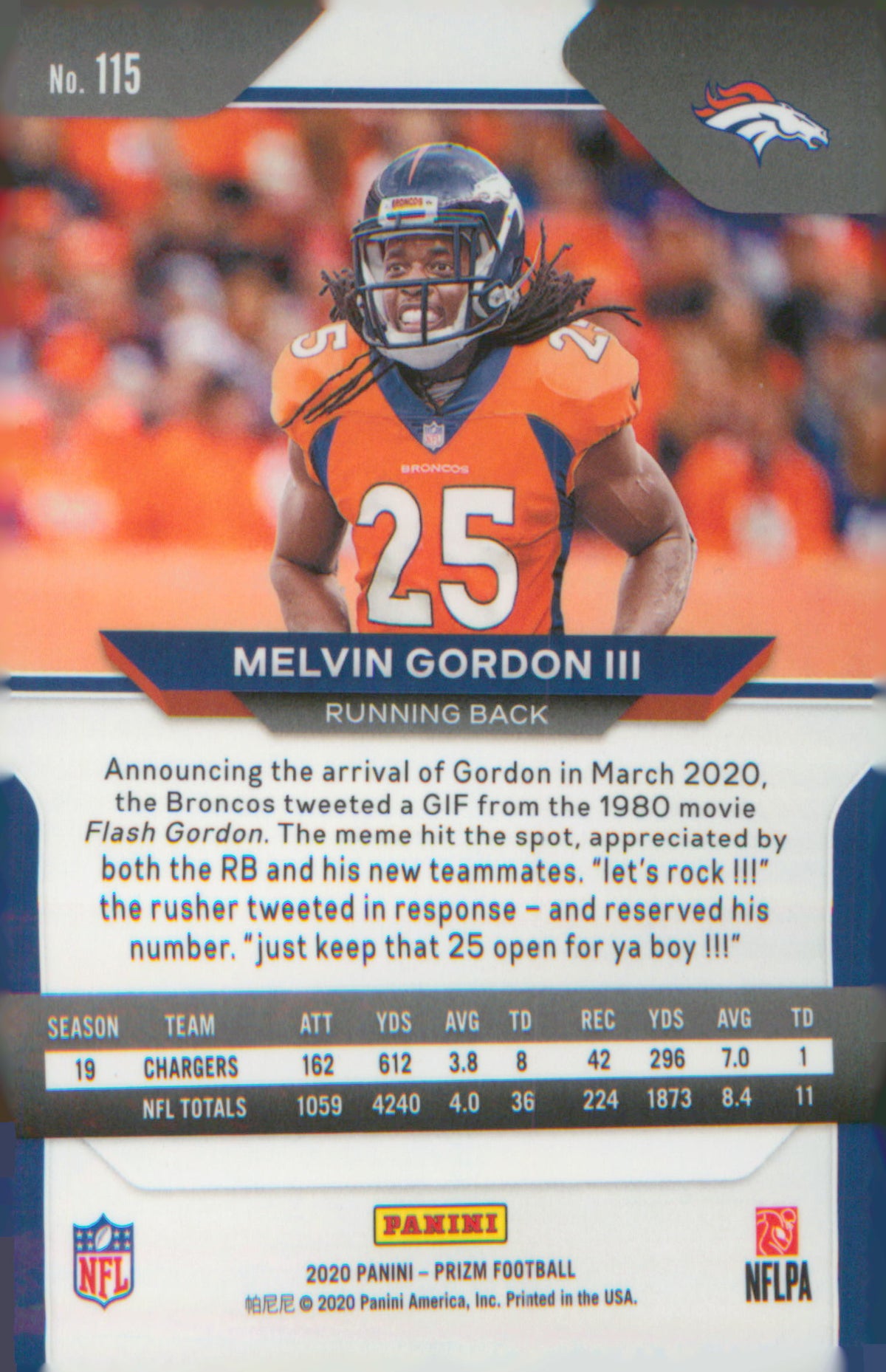 Football 2020 Panini Prizm #115 Melvin Gordon III