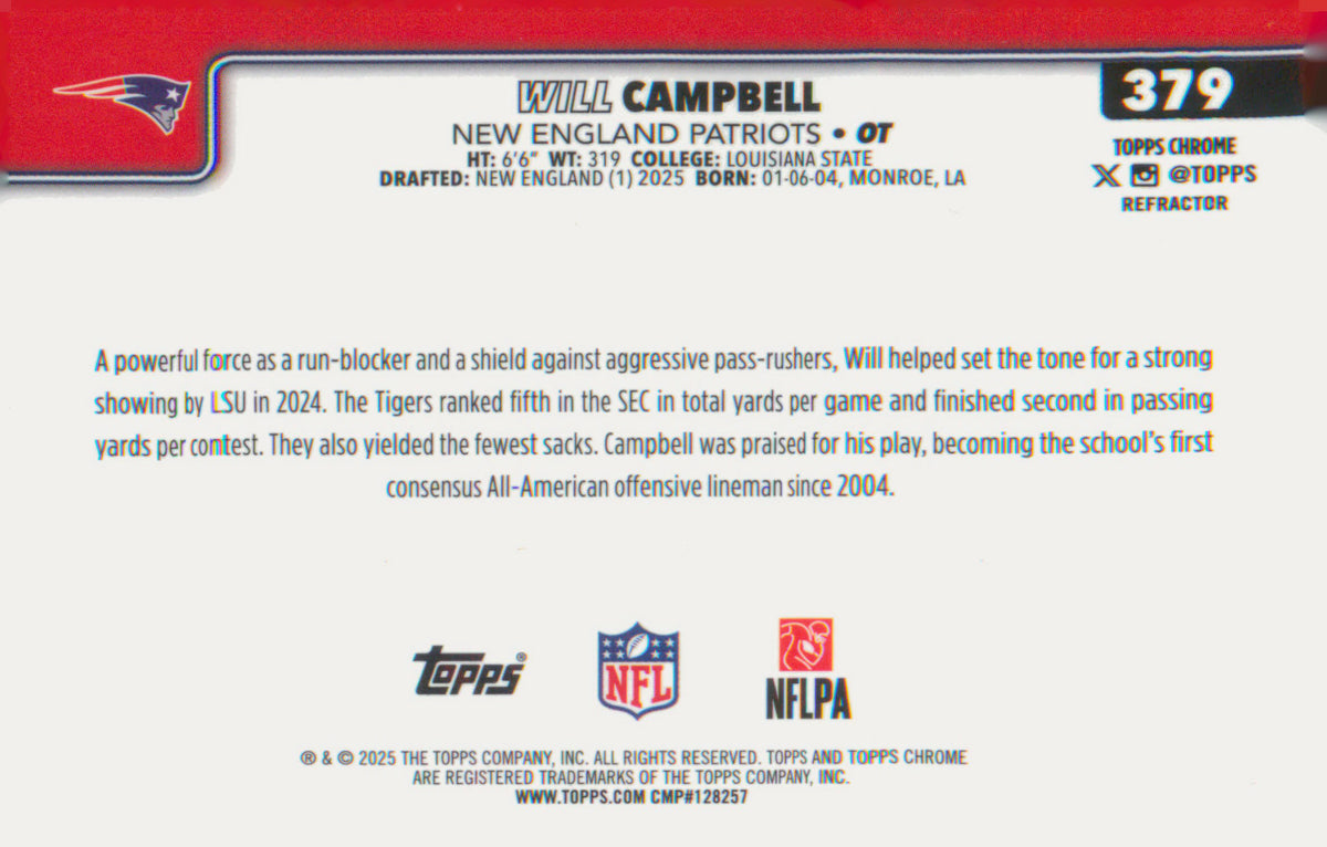 Football 2025 Topps Chrome Refractor #379 Will Campbell RC RC