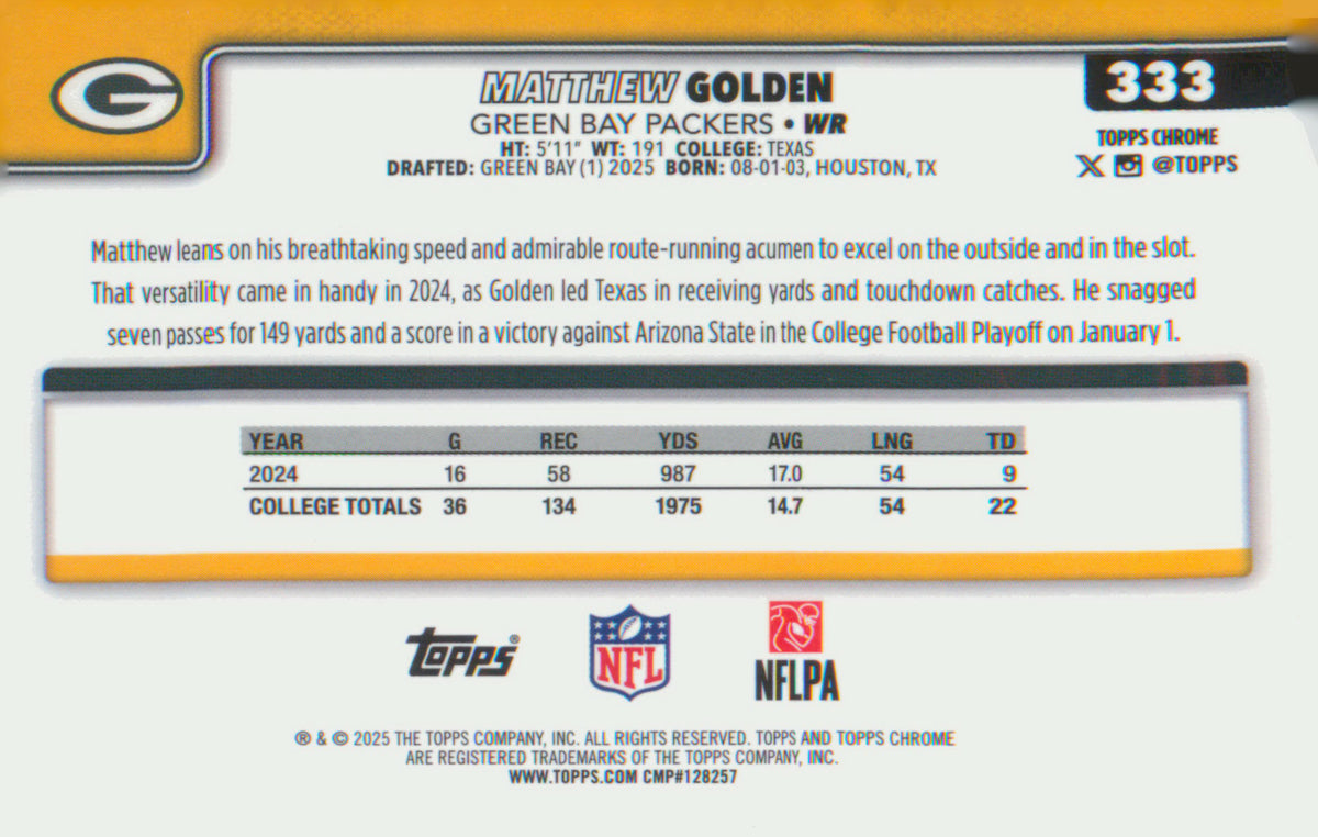 Football 2025 Topps Chrome #333 Matthew Golden RC RC