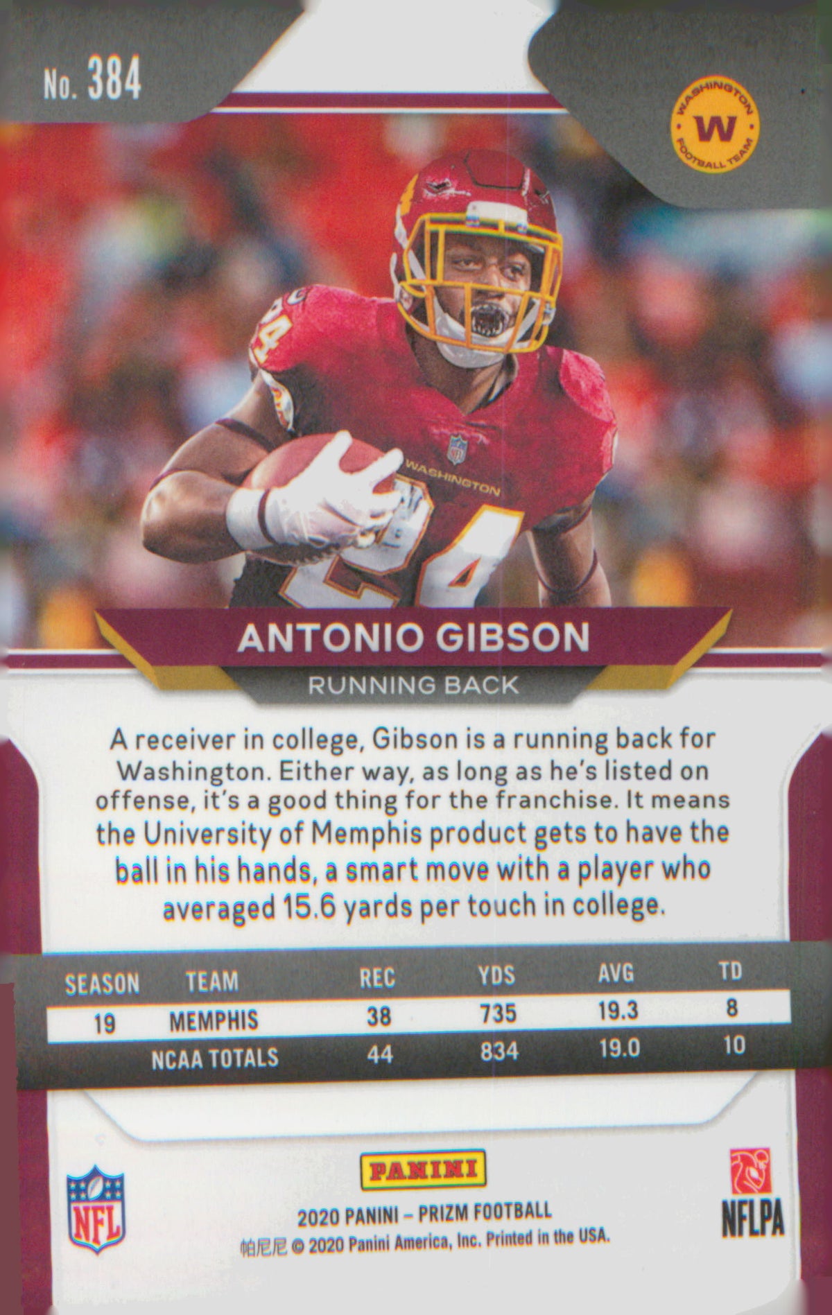 Football 2020 Panini Prizm #384 Antonio Gibson RC RC