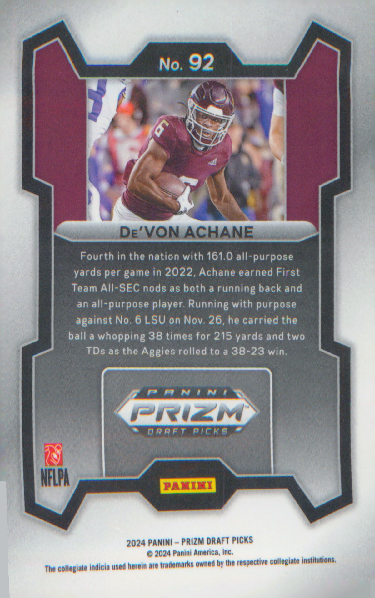 Football 2024 Panini Prizm Draft Picks #92 Devon Achane