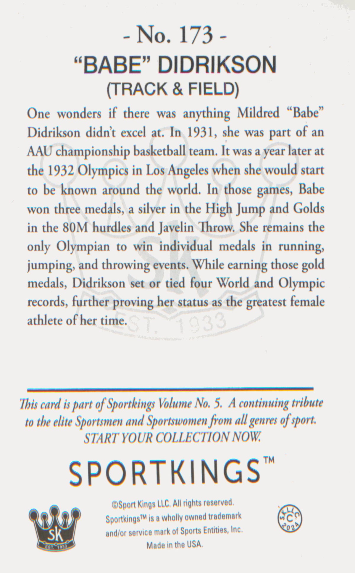 Other Sports 2024 Sportkings Volume 5 #173 "Babe" Didrikson