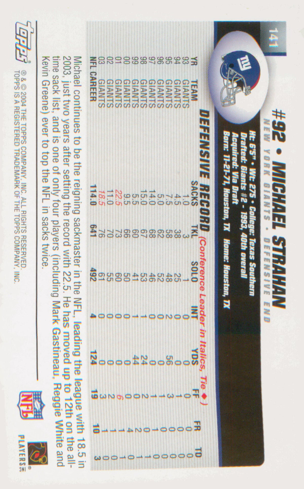 Football 2004 Topps Topps Collection #141 Michael Strahan