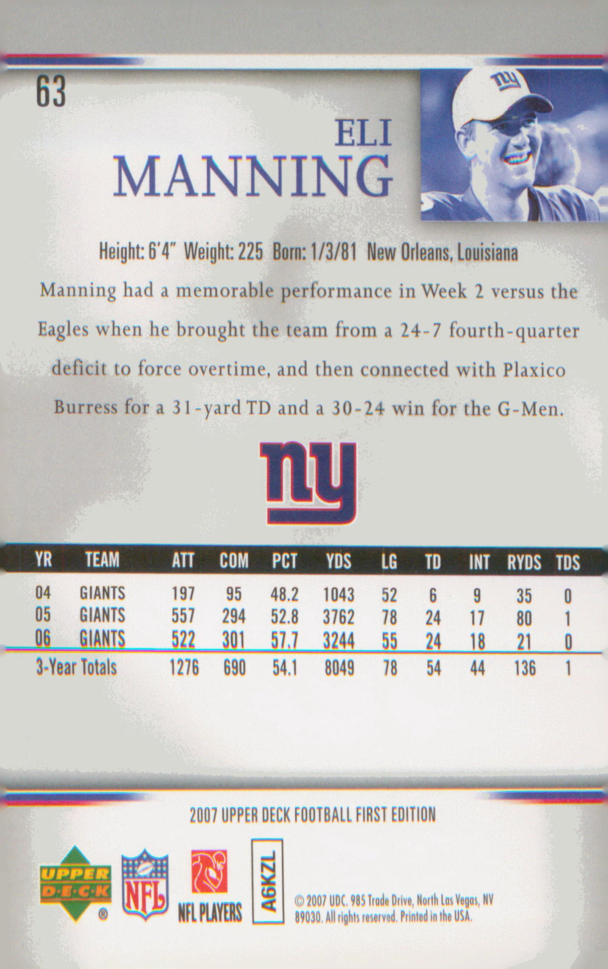 Football 2007 Upper Deck First Edition #63 Eli Manning