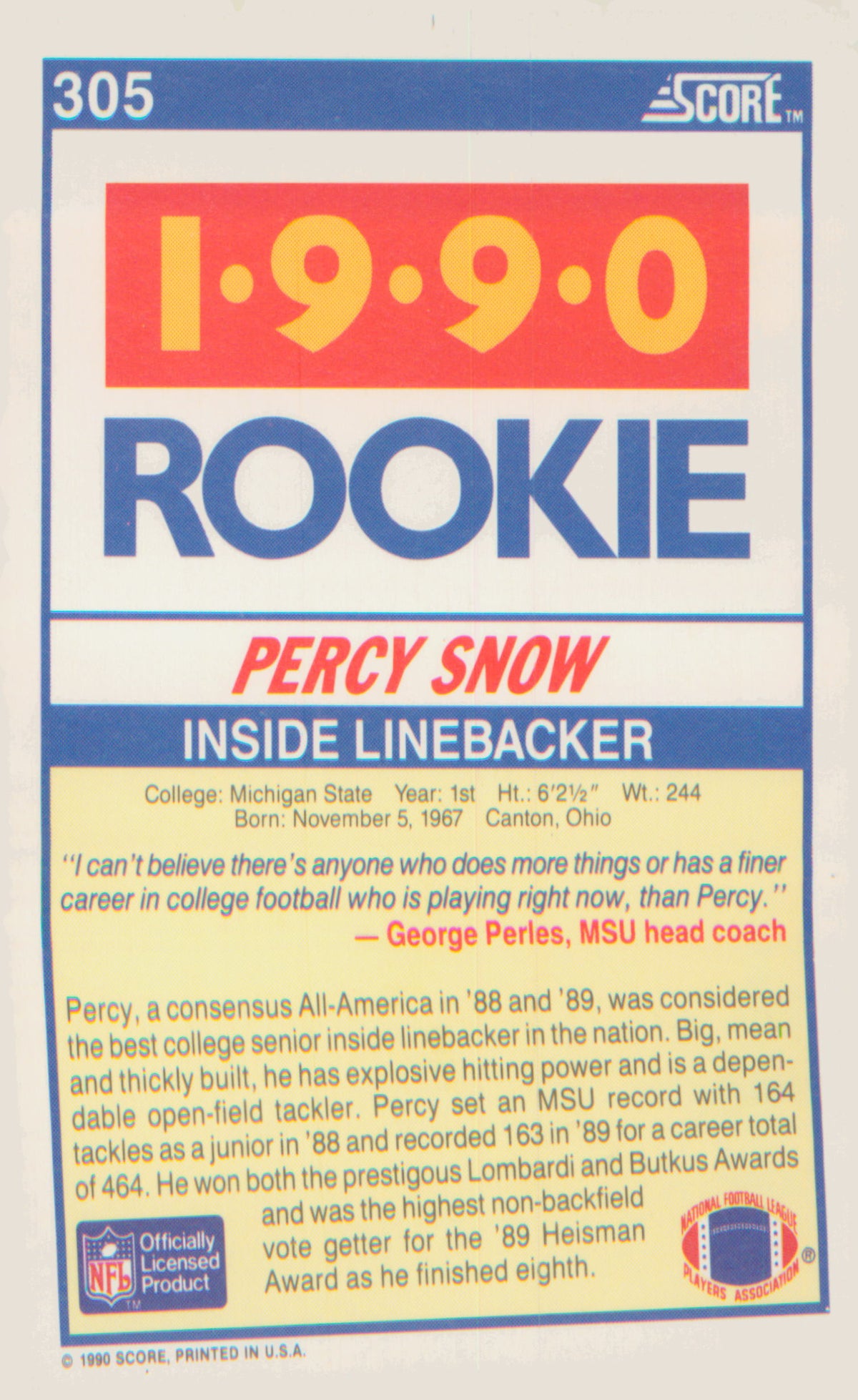 Football 1990 Score #305 Percy Snow RC RC