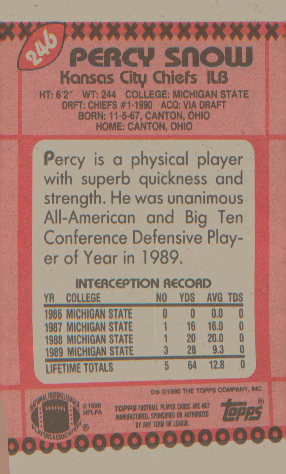 Football 1990 Topps #246b Percy Snow RC RC