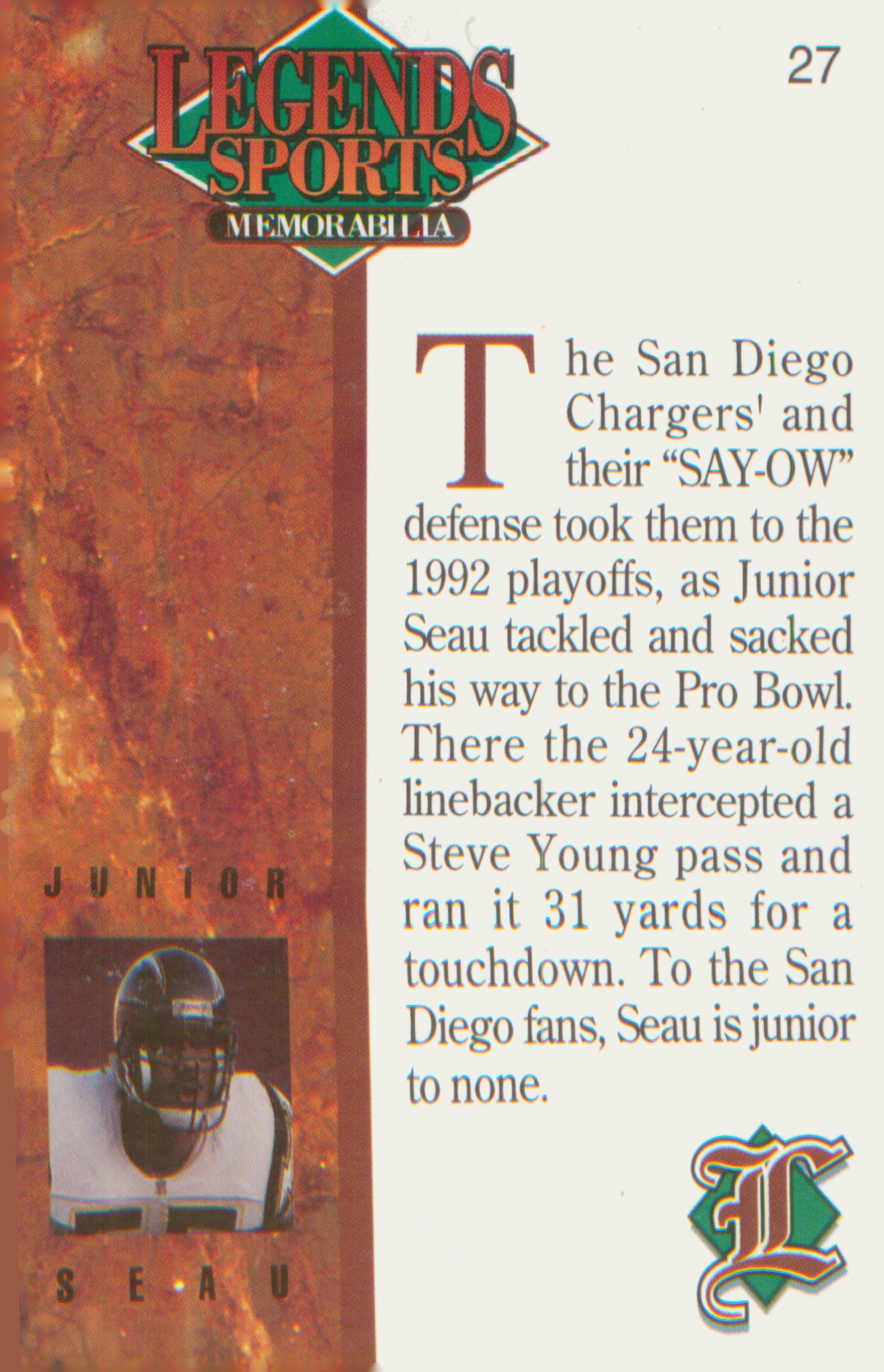 Football 1993 Legends Sports Memorabilia Bronze #27 Junior Seau