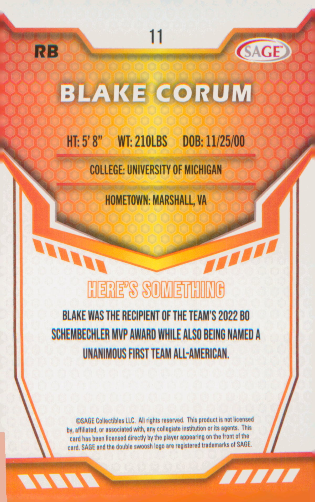 2024 SAGE HIT Green #11 Blake Corum SSP