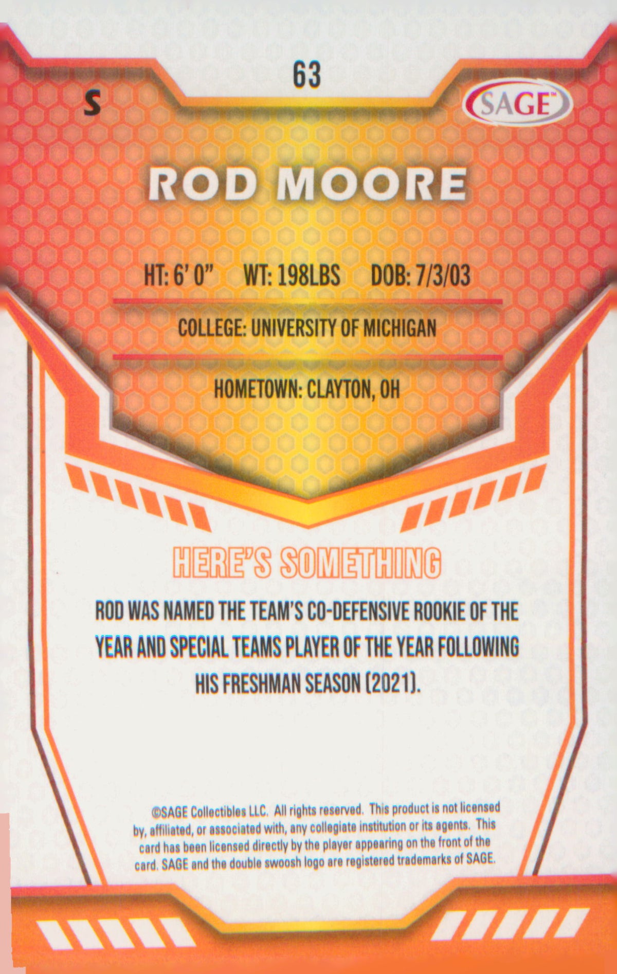 Football 2024 SAGE HIT Green #63 Rod Moore