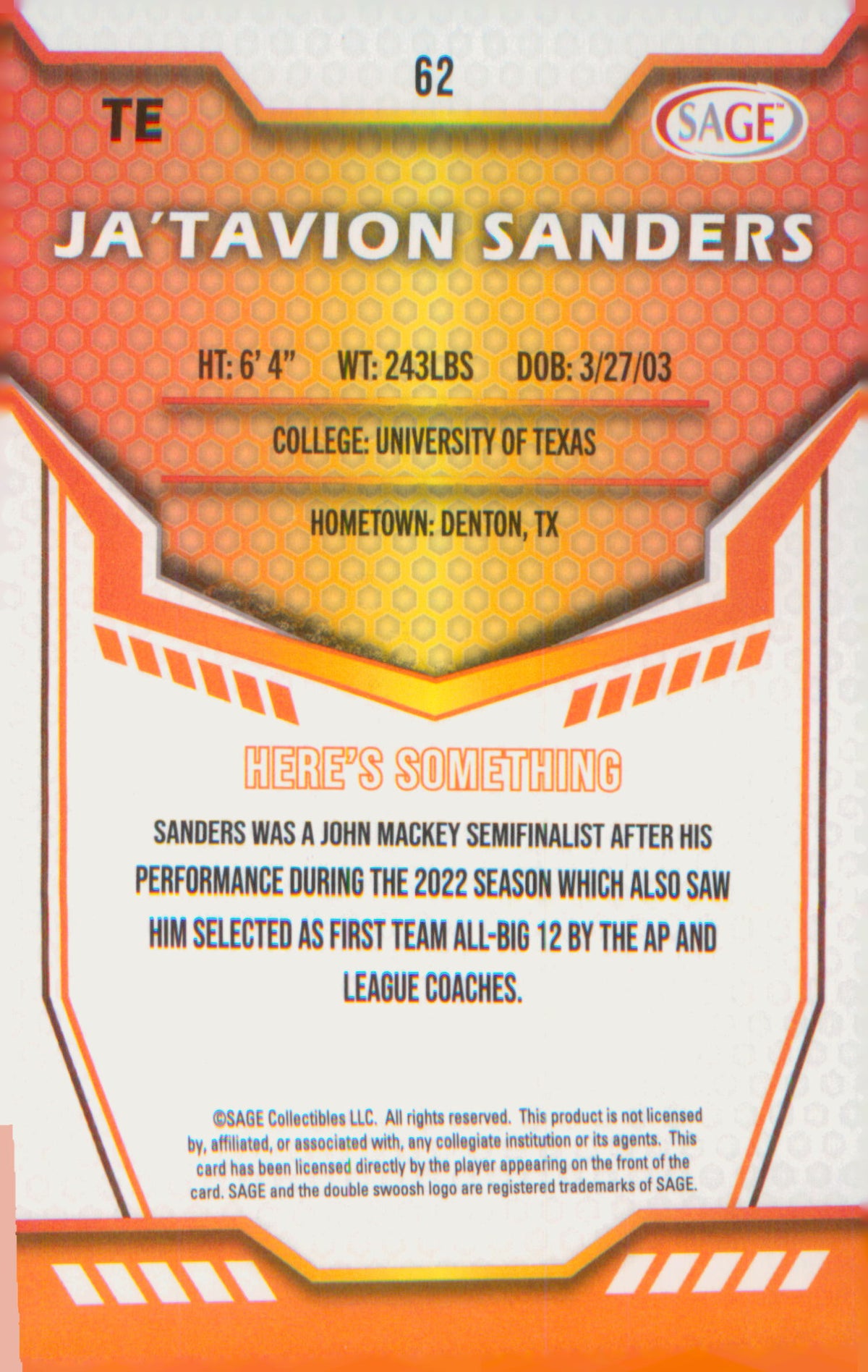 Football 2024 SAGE HIT Red #62 Ja'Tavion Sanders