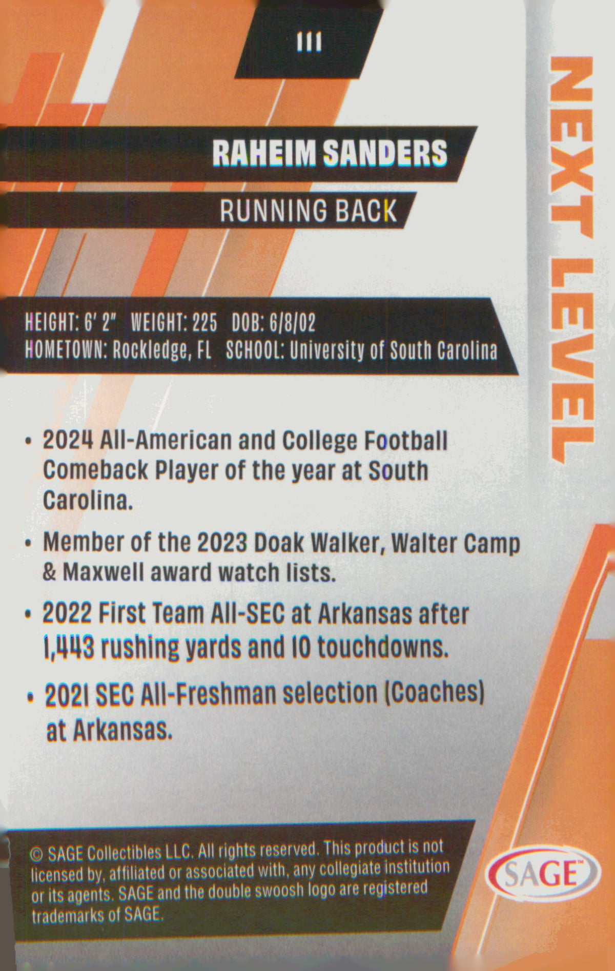 Football 2025 SAGE HIT Red #111b Raheim Sanders