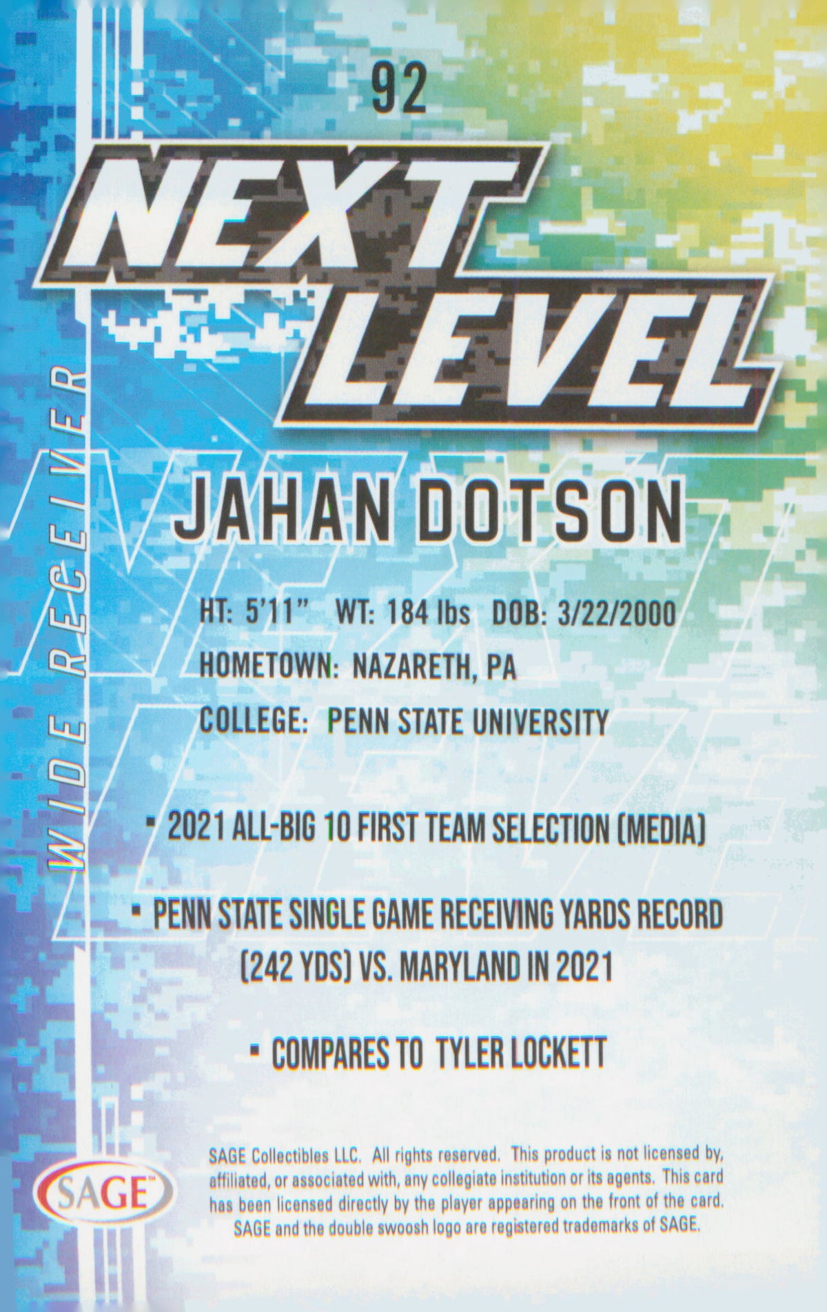 Football 2022 SAGE Silver #92 Jahan Dotson