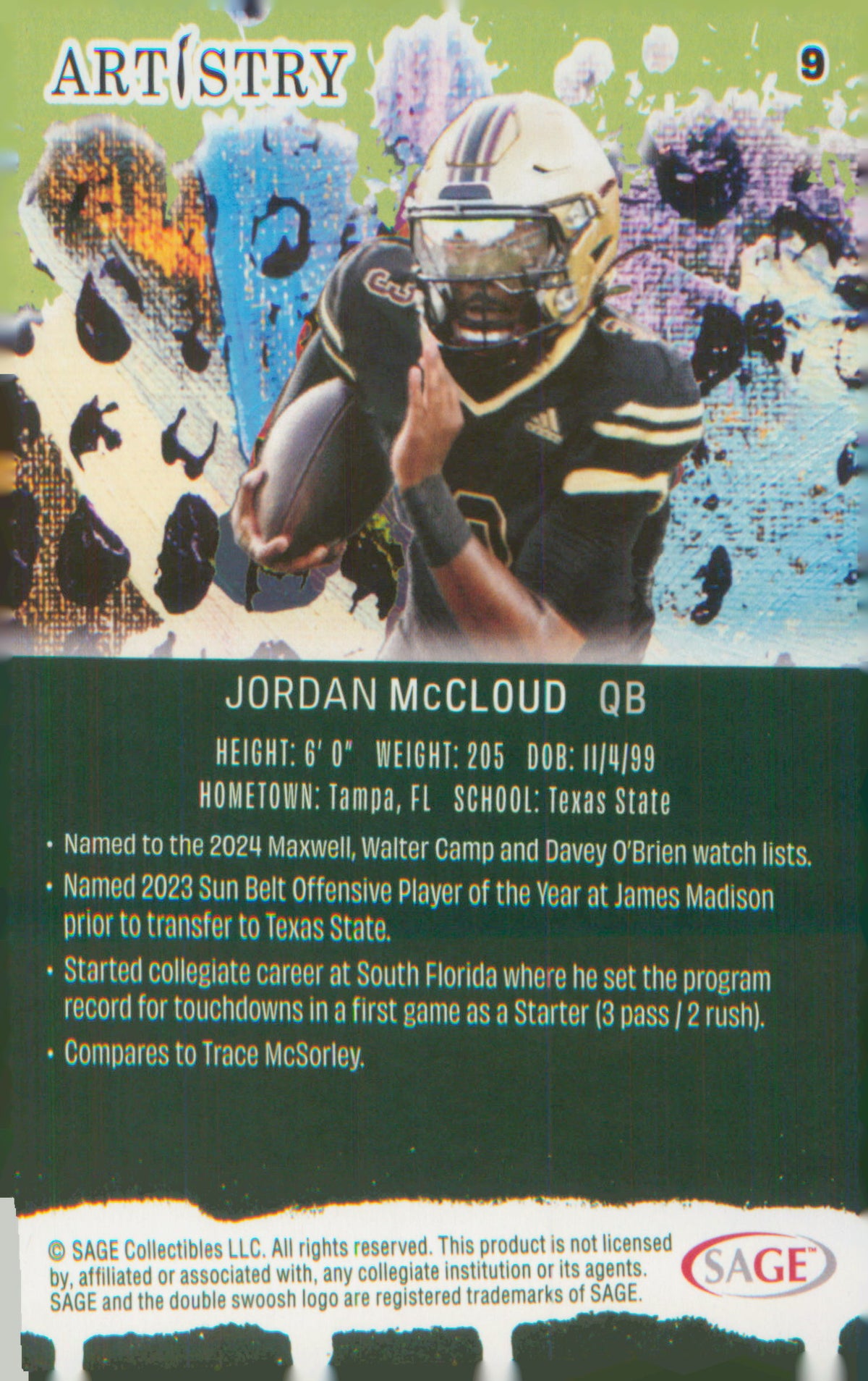 Football 2025 SAGE Artistry Red #9 Jordan McCloud