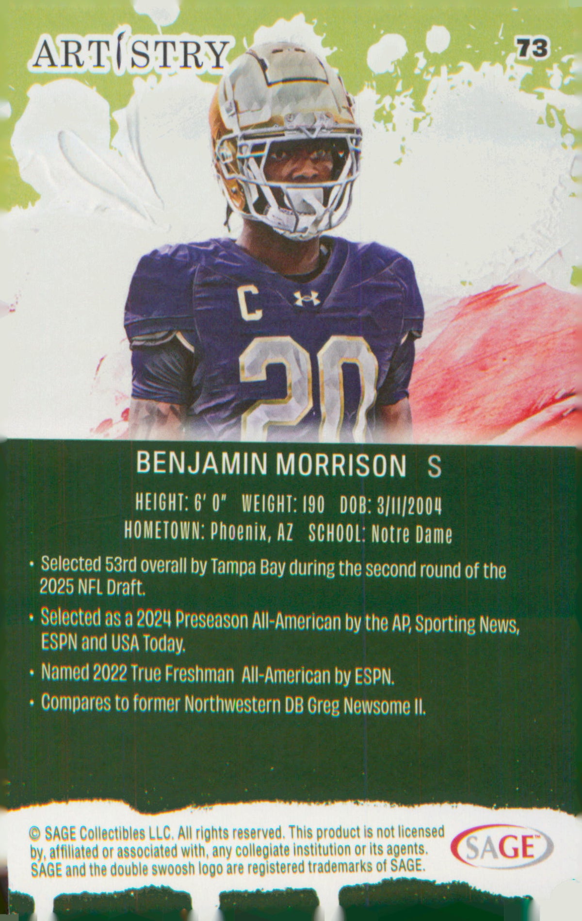 Football 2025 SAGE Artistry Red #73 Benjamin Morrison