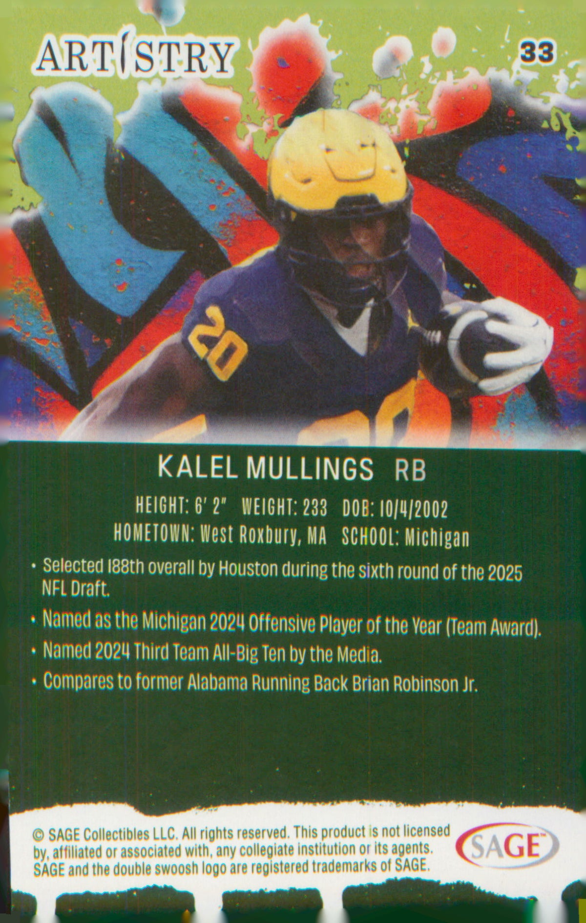 Football 2025 SAGE Artistry Red #33 Kalel Mullings