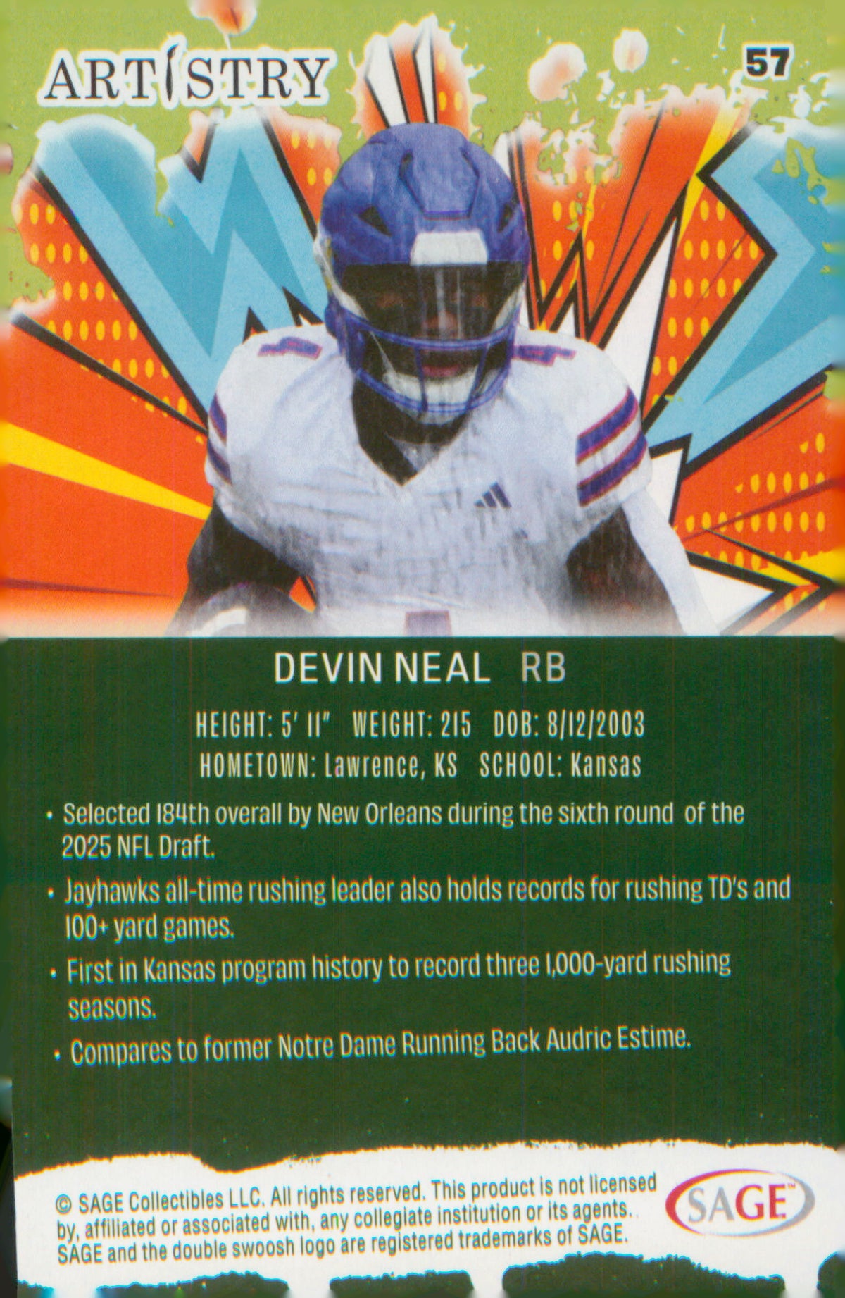 Football 2025 SAGE Artistry #57 Devin Neal
