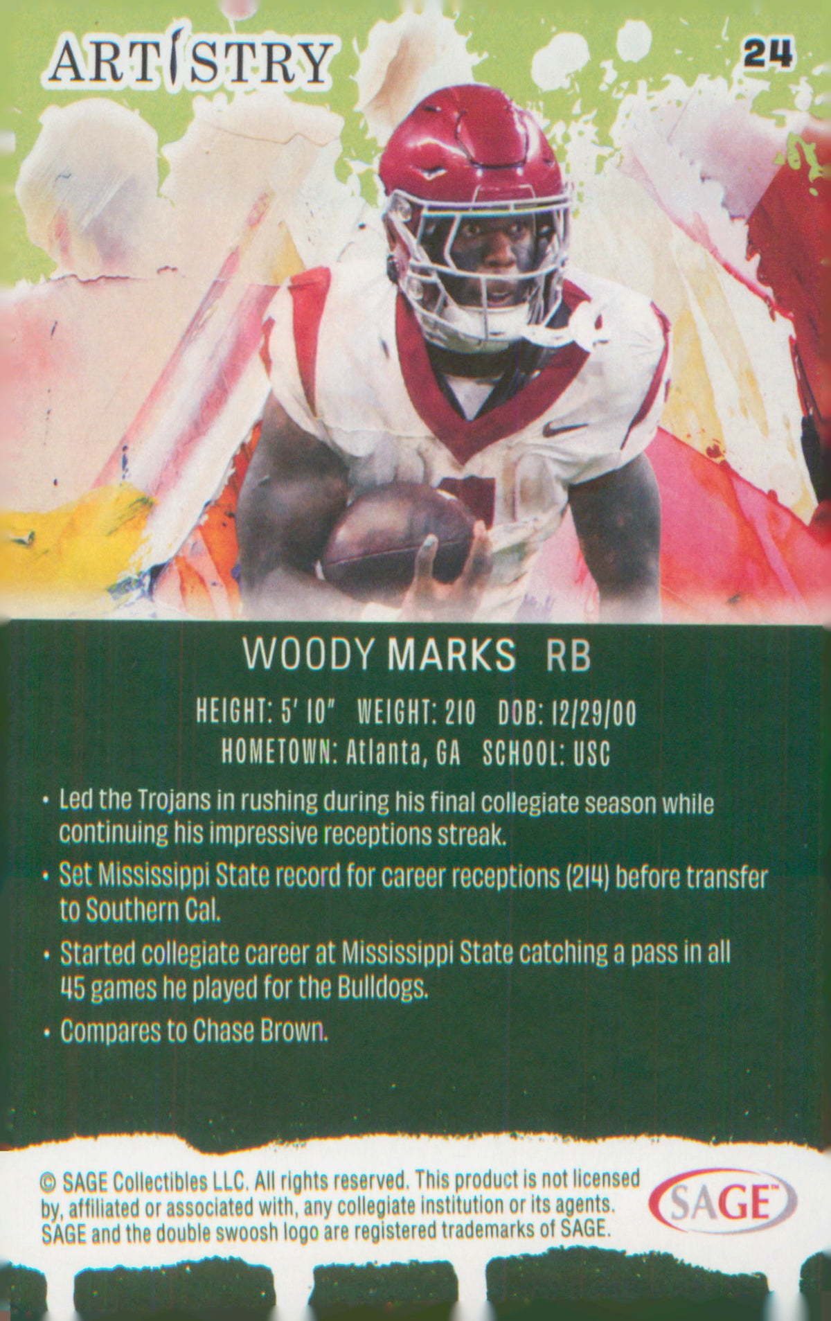 Football 2025 SAGE Artistry Blue #24 Woody Marks