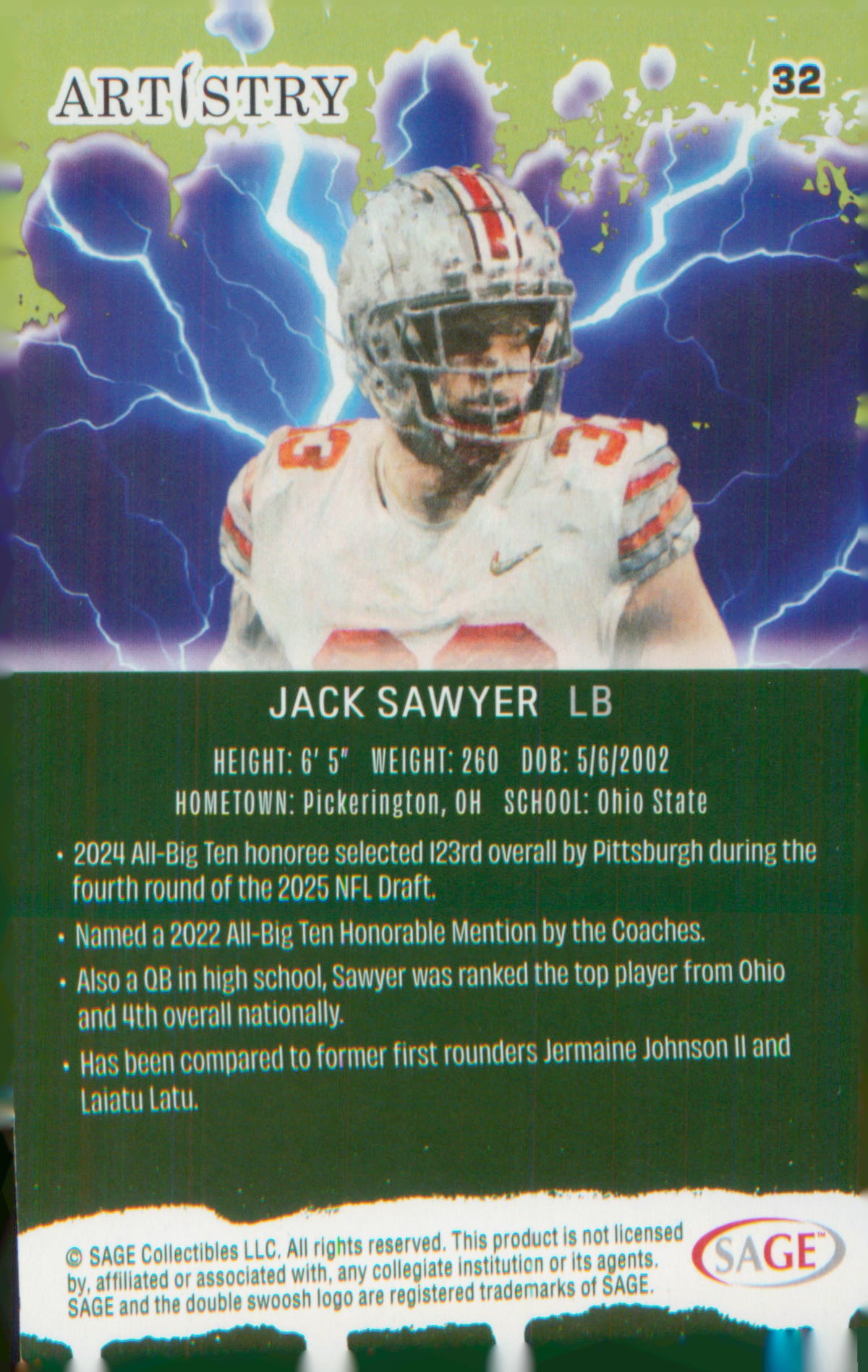 Football 2025 SAGE Artistry Blue #32 Jack Sawyer