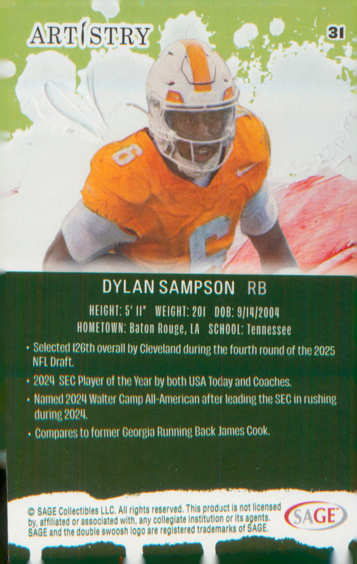 Football 2025 SAGE Artistry Silver #31 Dylan Sampson