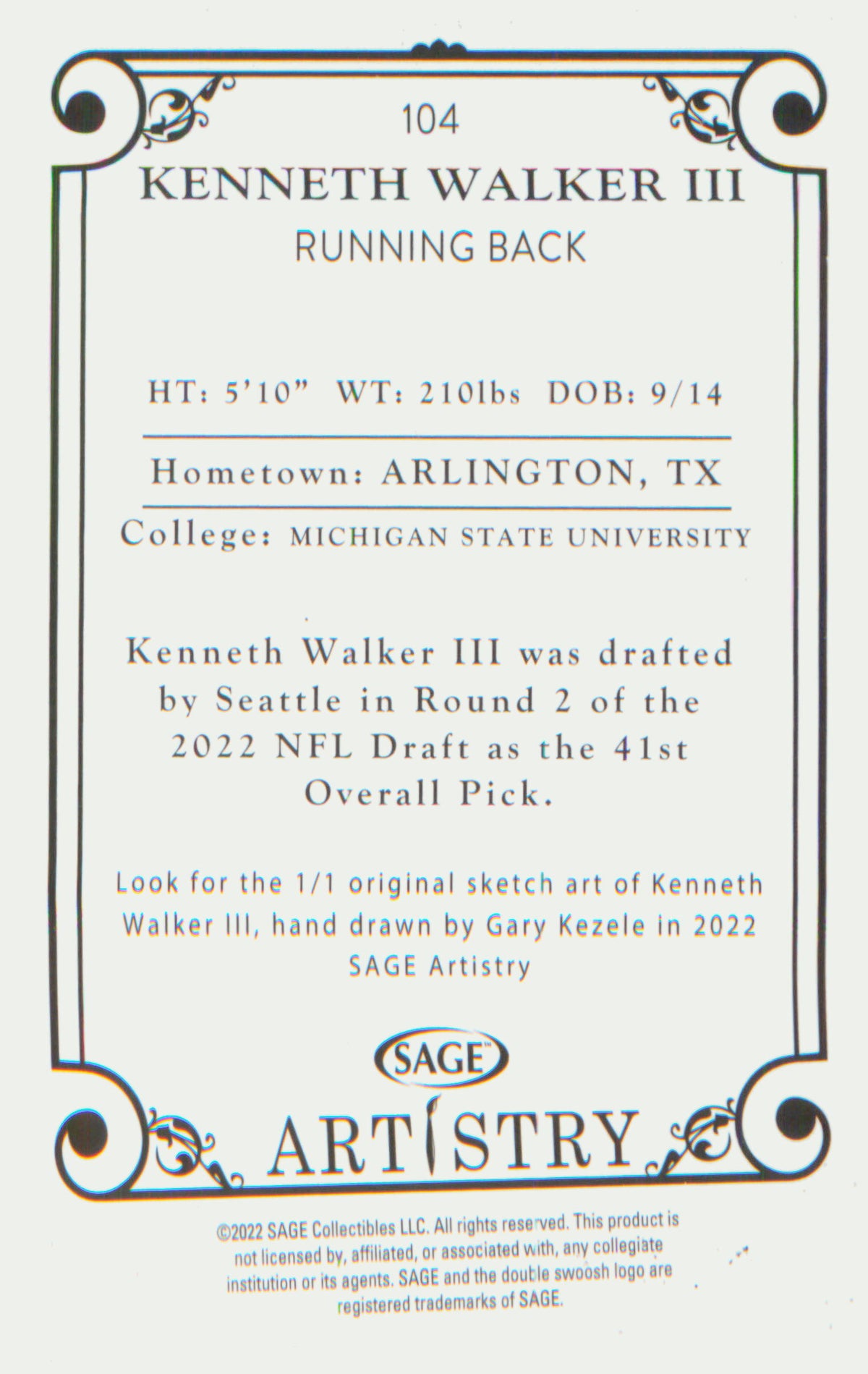 Football 2022 SAGE Artistry #104 Kenneth Walker III