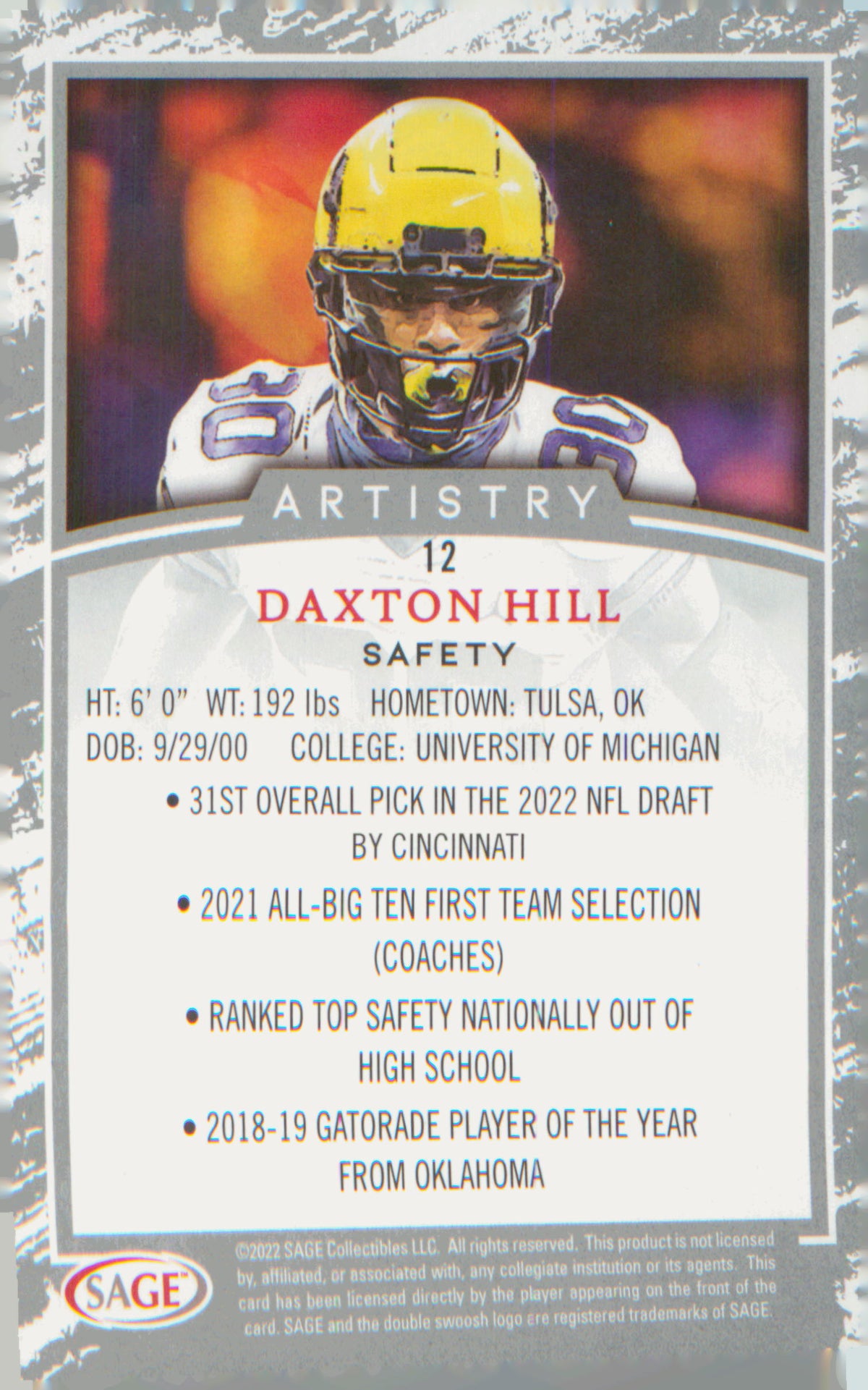 Football 2022 SAGE Artistry #12 Daxton Hill