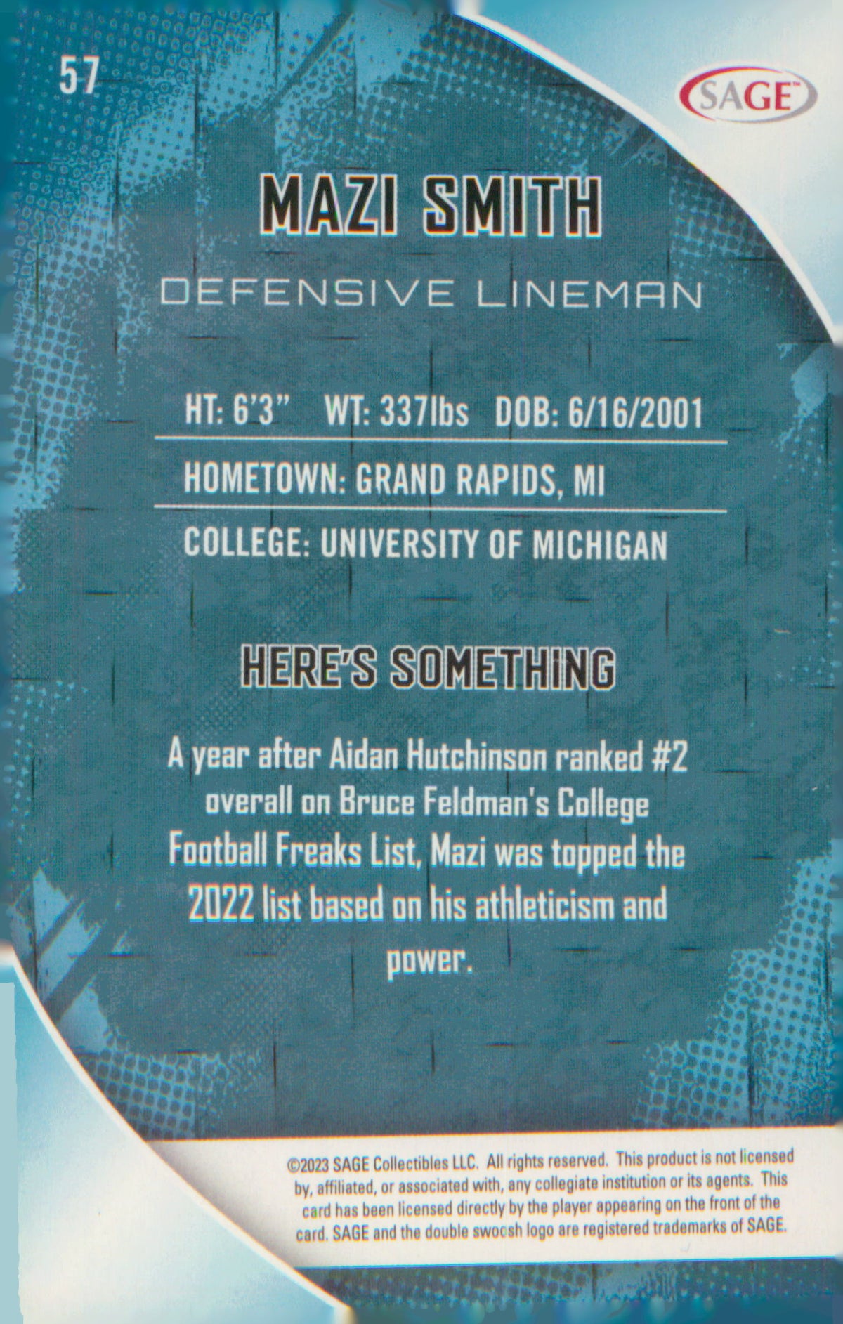 2023 SAGE HIT Silver #57 Mazi Smith