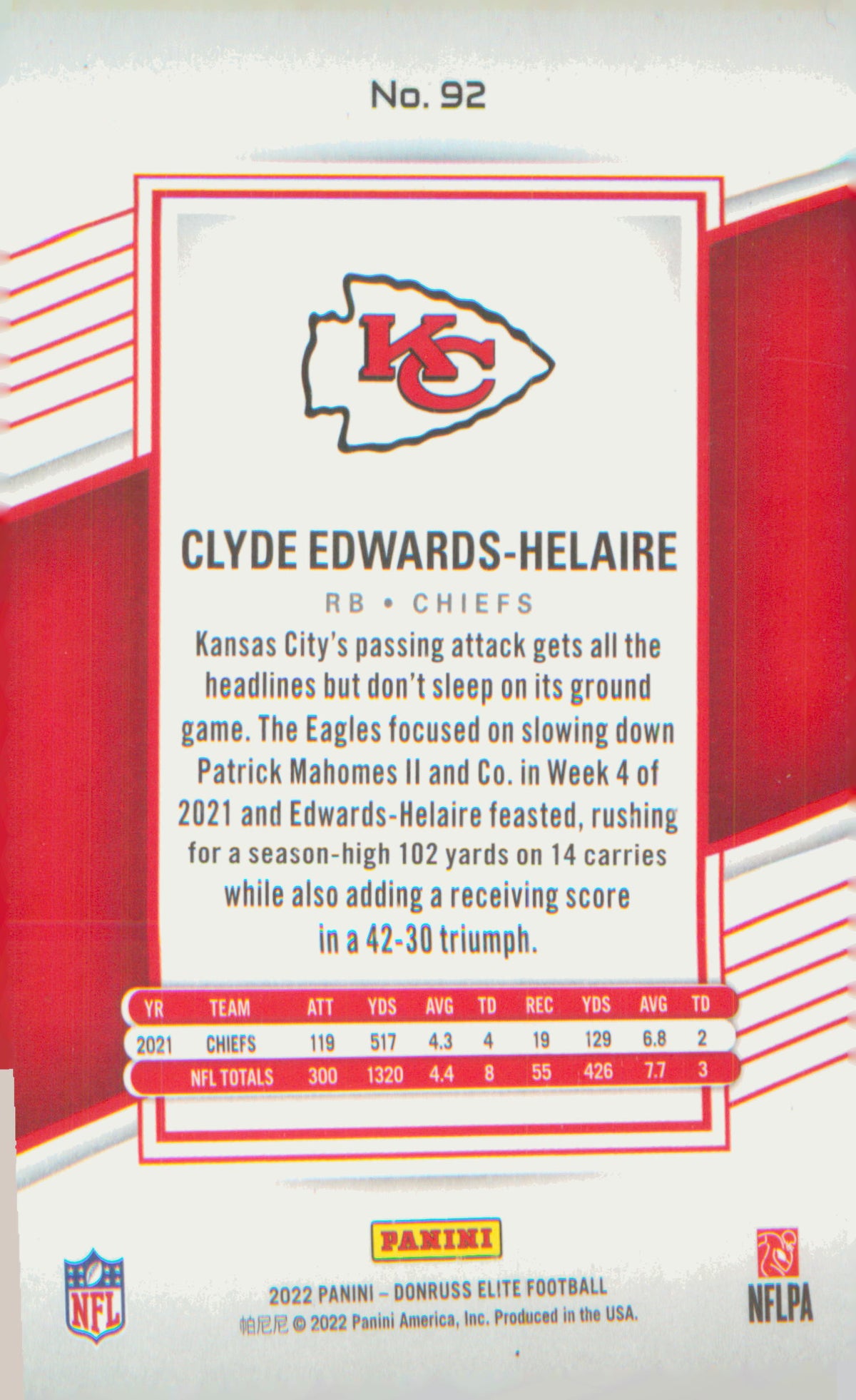 2022 Donruss Elite #92 Clyde Edwards-Helaire