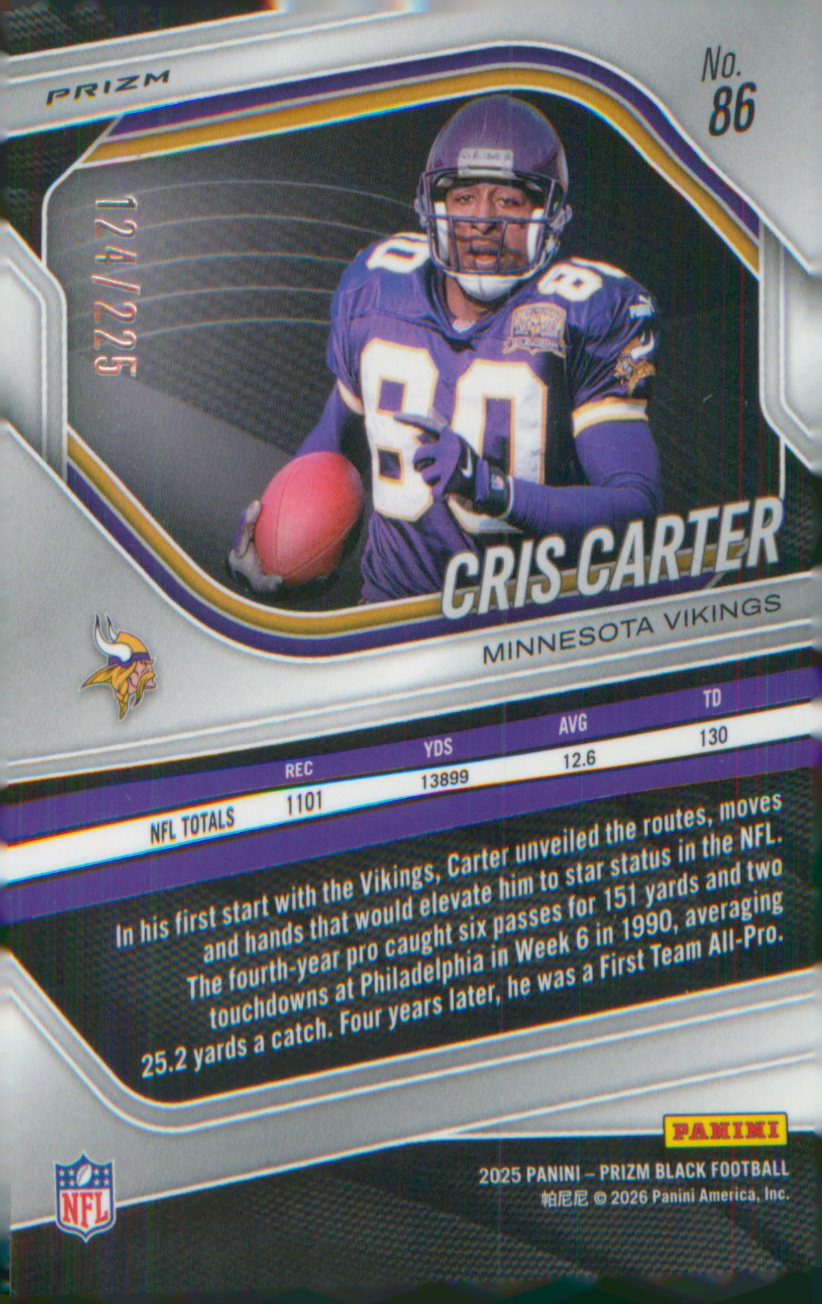 Football 2025 Panini Prizm Black Prizms Football #86 Cris Carter SN #/225
