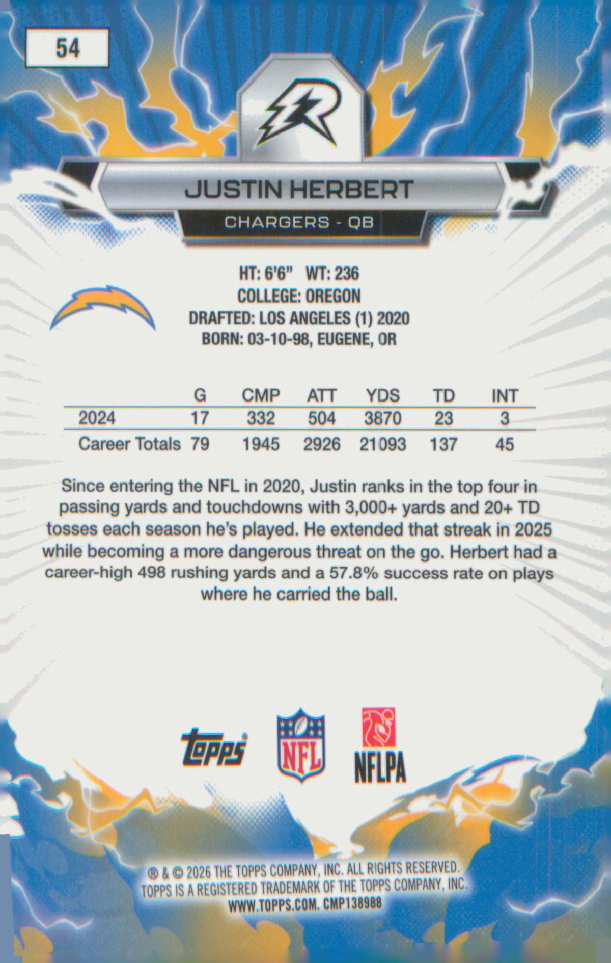 Football 2025 Topps Resurgence Blue & Orange Spark Refractor #54 Justin Herbert