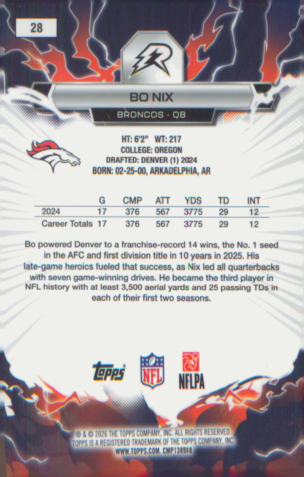 2025 Topps Resurgence Bo Nix #28 Blue & Orange Spark (Color Match) - Broncos
