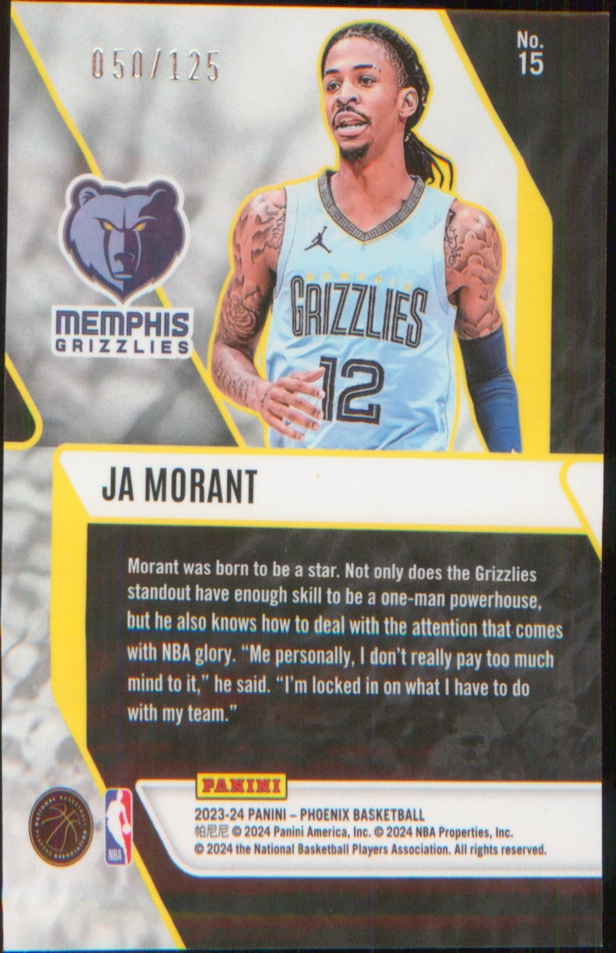 2023-24 Panini Phoenix Fade To Black Phoenix White Ice #15 Ja Morant SN #/125