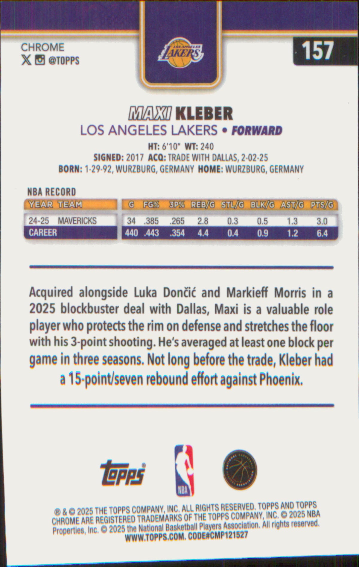 2025-26 Topps Chrome Aqua Basketball Refractor #157 Maxi Kleber SN #/199