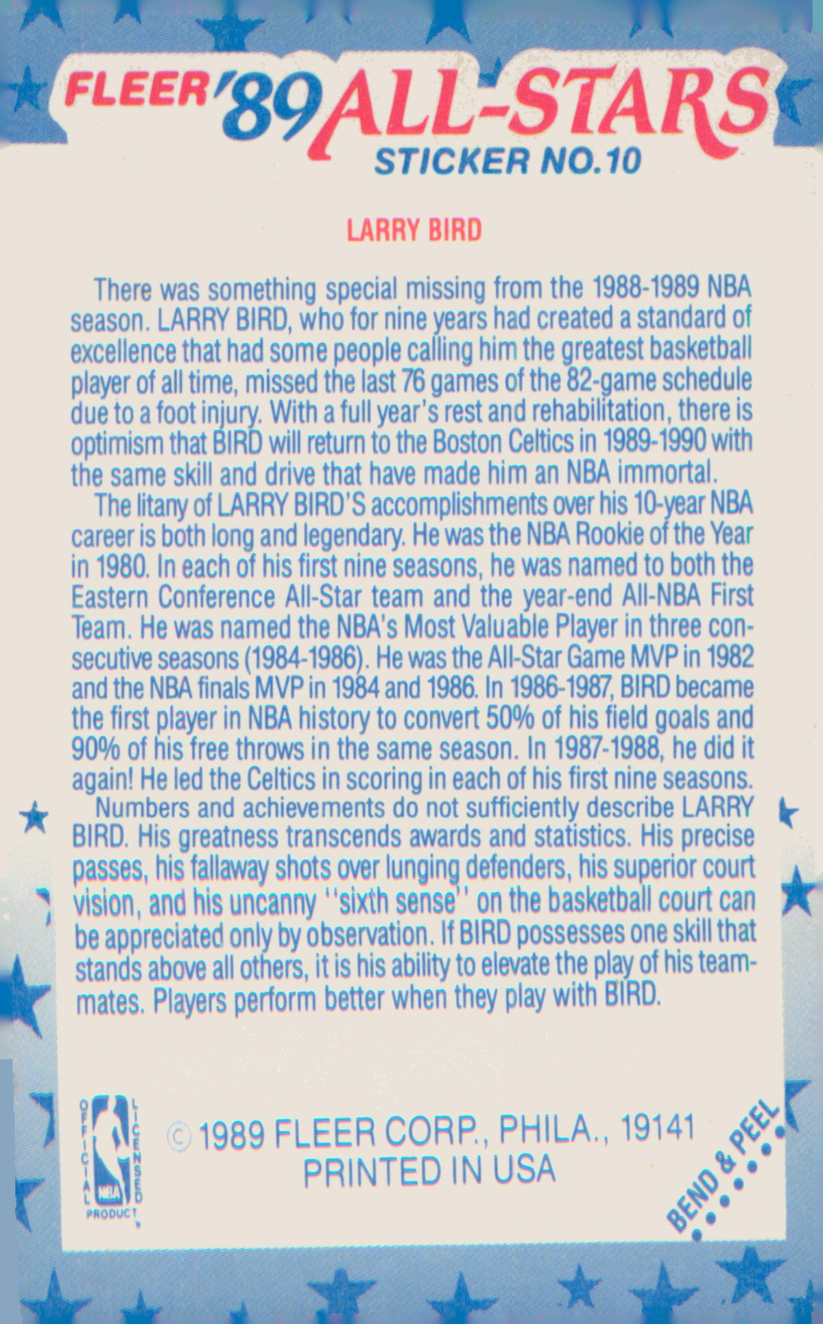 1989-90 Fleer Stickers #10 Larry Bird