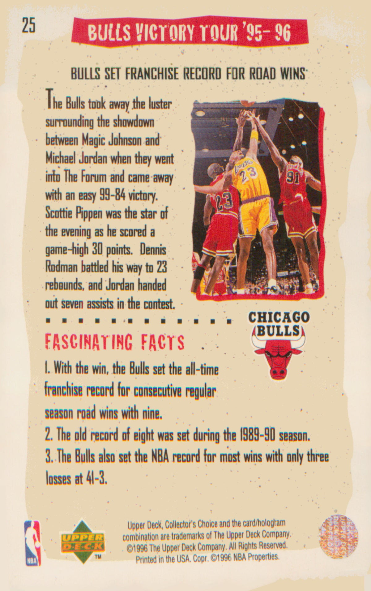 1996-97 Collector's Choice #25 Bulls Victory Tour '95-96: Win #41