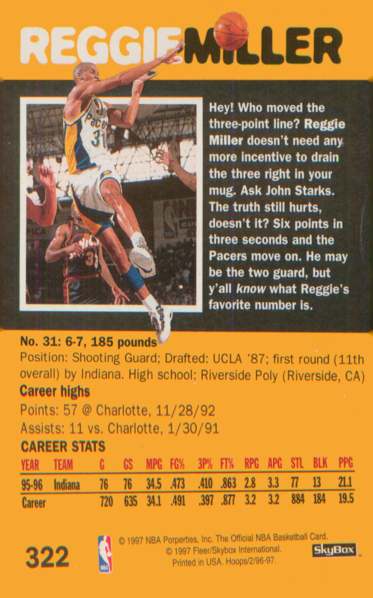 Basketball 1996-97 Hoops #322 Reggie Miller