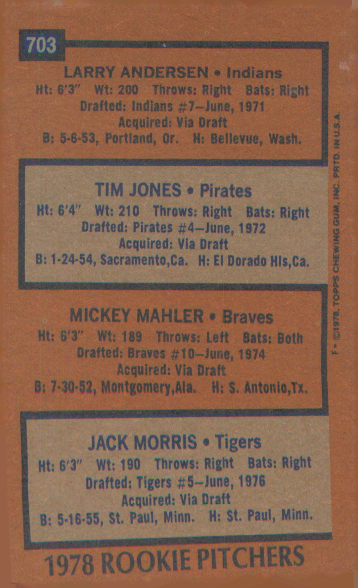 1978 Topps #703 RC Pitchers Larry Andersen Tim Jones Mickey Mahler Jack Morris