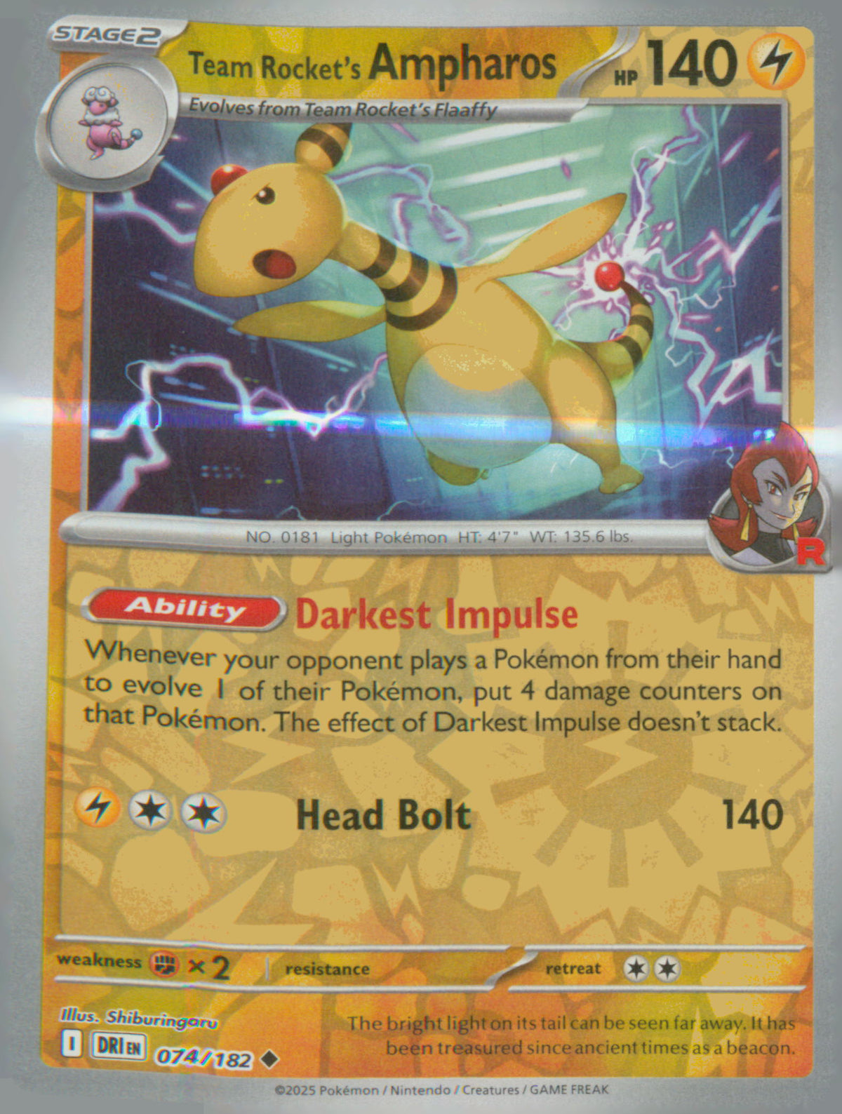 SV10: Destined Rivals #074/182 Team Rocket's Ampharos Uncommon, Holo